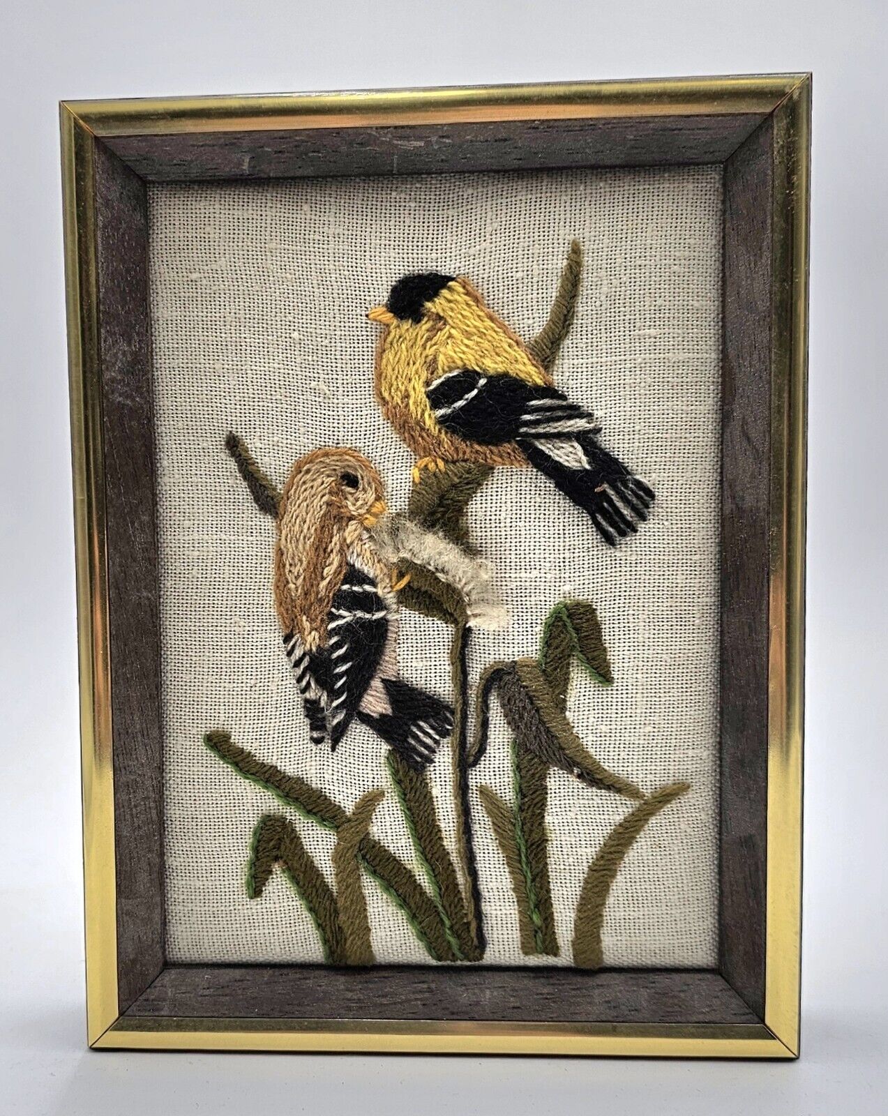 Vintage Embroidered Wall Hanging Bird Crewel Wooden Framed Finished 6\