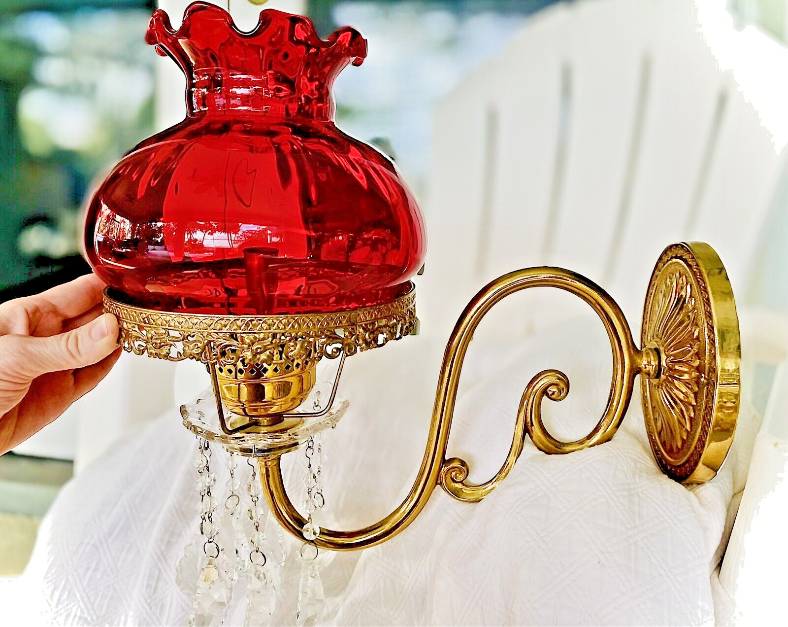 Pair Parlor/Boudoir Lamp(s) Red Glass Globe Floral Filigree Cast Brass Swarovski