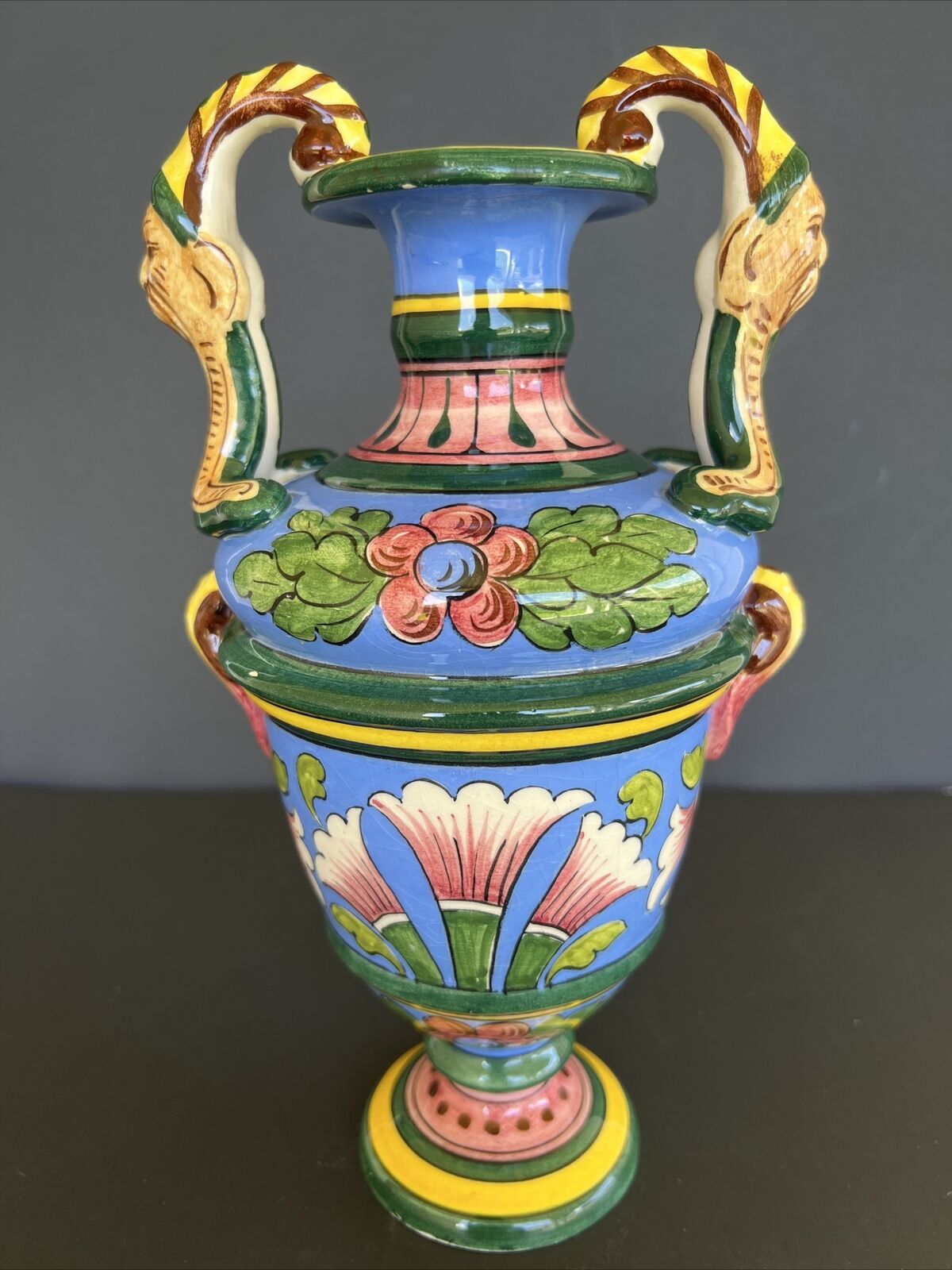 Italian antique grotesque handle Urbino style vase 19th century extremely rare
