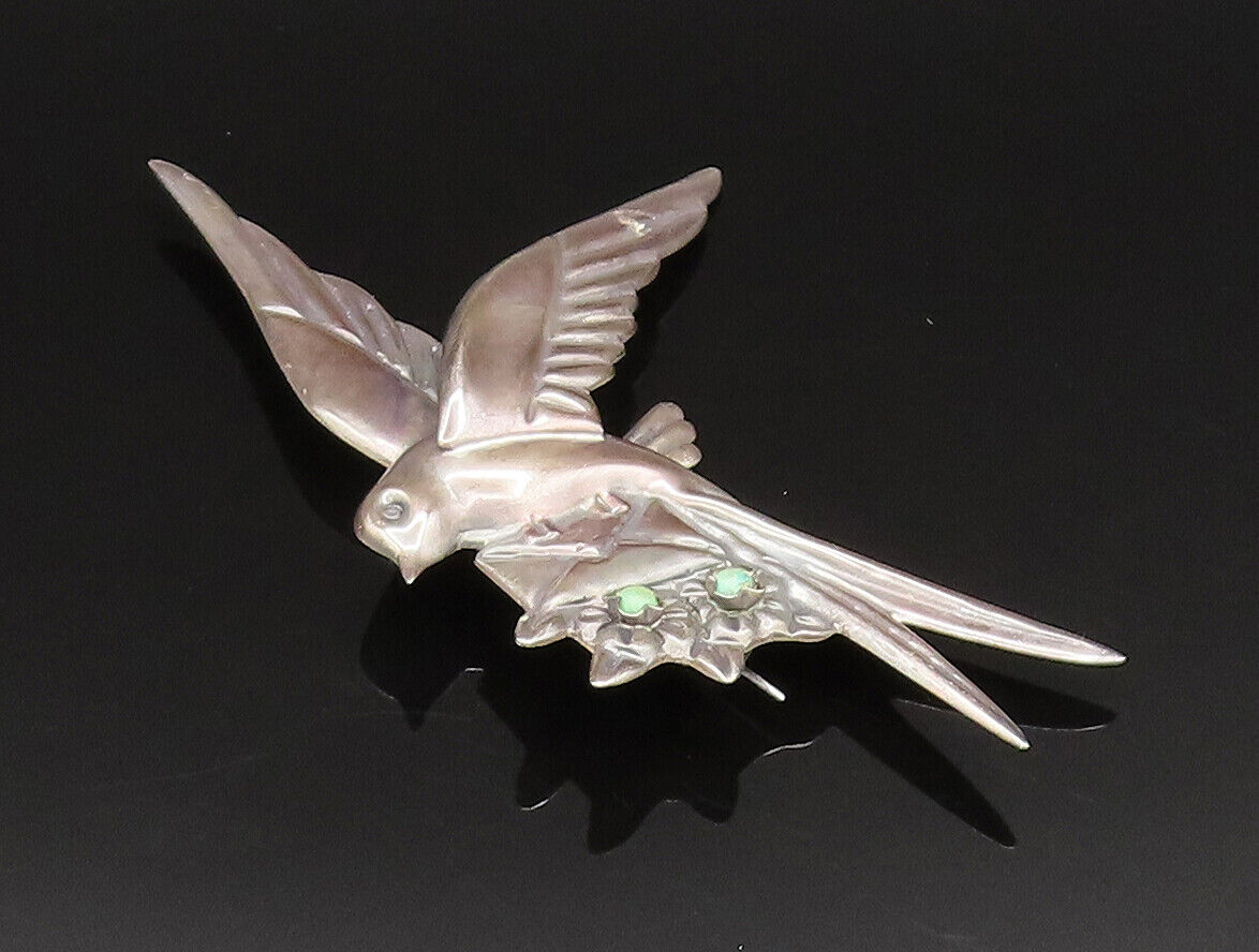 MEXICO 925 Silver - Vintage Antique Dove Bird Turquoise Mail Brooch Pin - BP9682