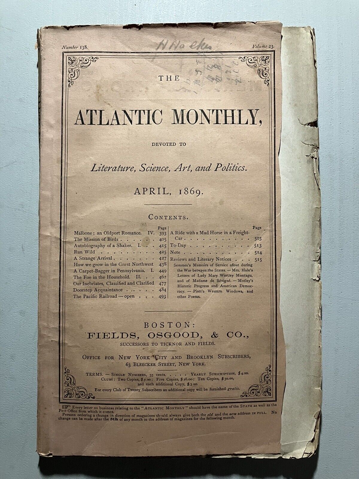 The Atlantic Monthly April 1869 Birds Shakers Pennsylvania Pacific Railroad