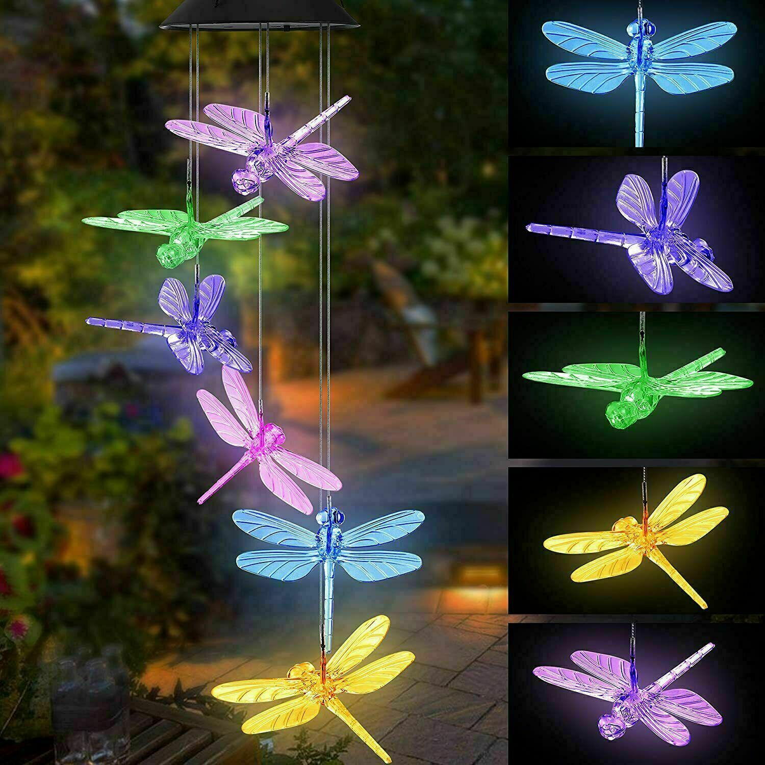Solar Wind Chimes Light LED Garden Color Changing Hanging Butterfly Heart Star