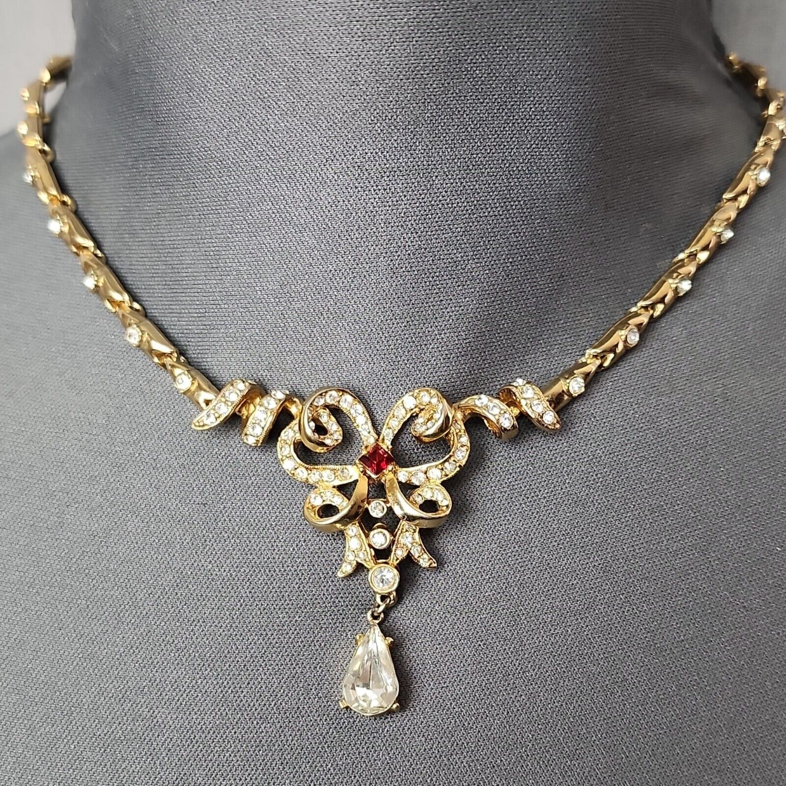 Vintage 1940s Rhinestone Bow Choker Necklace 15\