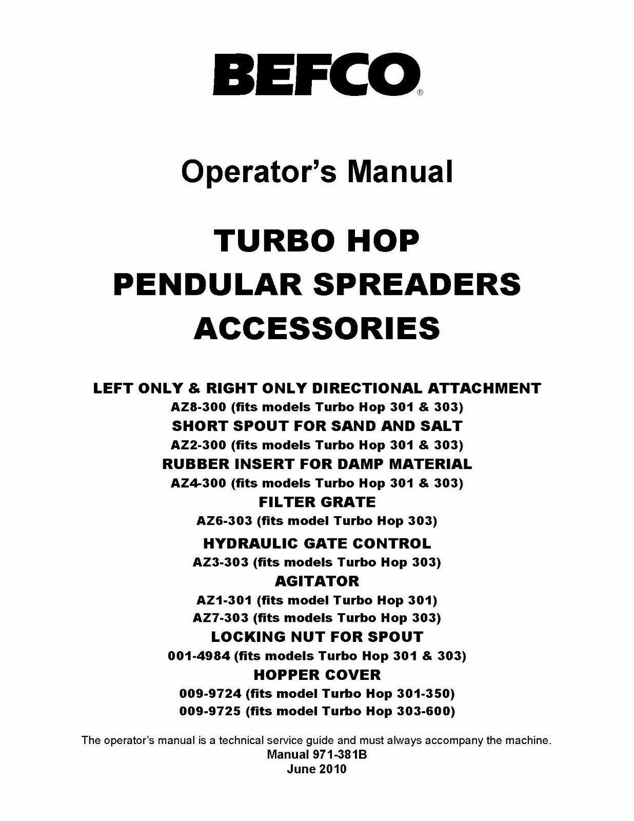 Operator Instructions Maint Manua BEFCO Turbo Hop Pendular Spreaders Accessories