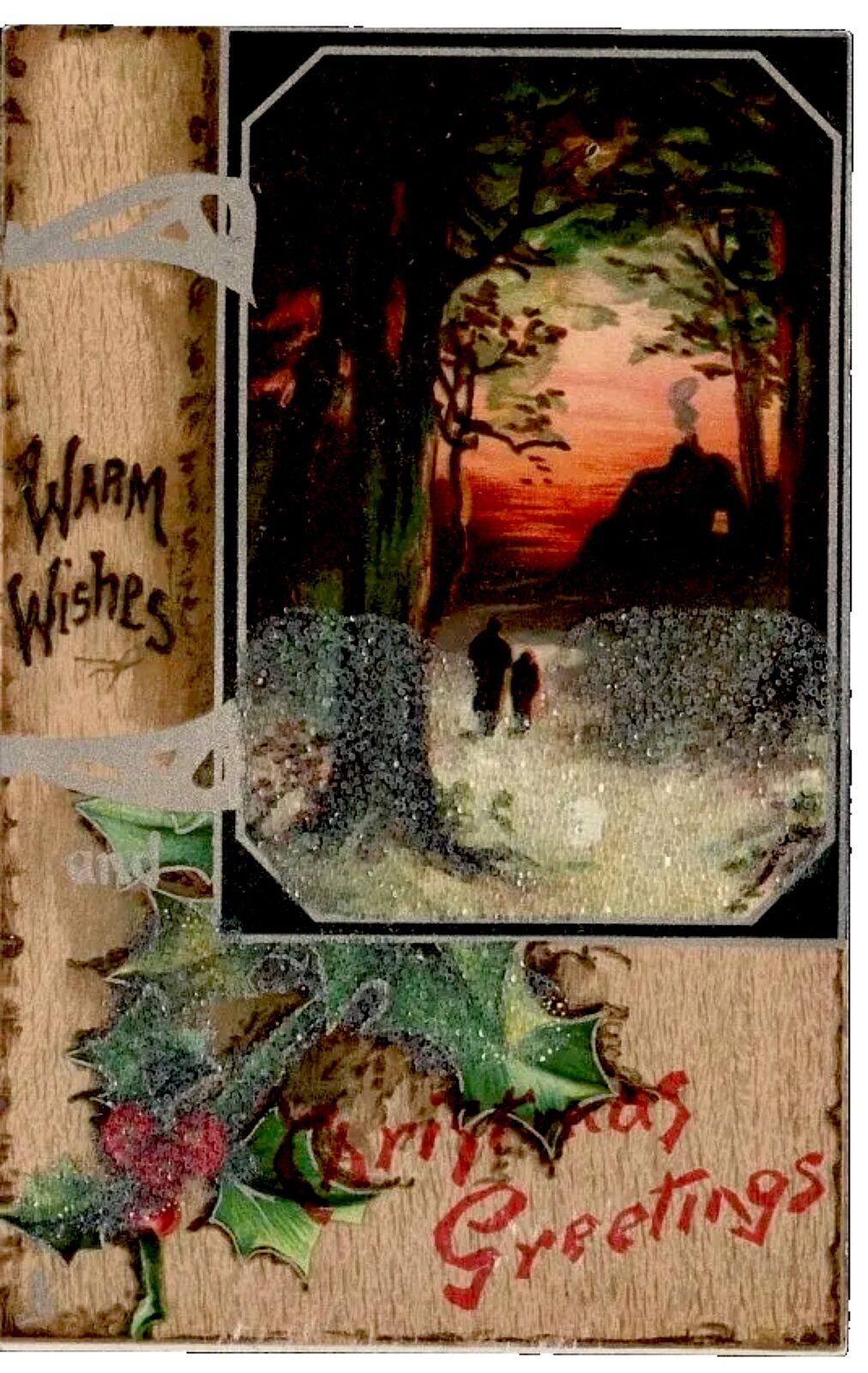 Antique Postcard Christmas Greeting O\'er Wintry Woodlands Evening Landscape Tuck