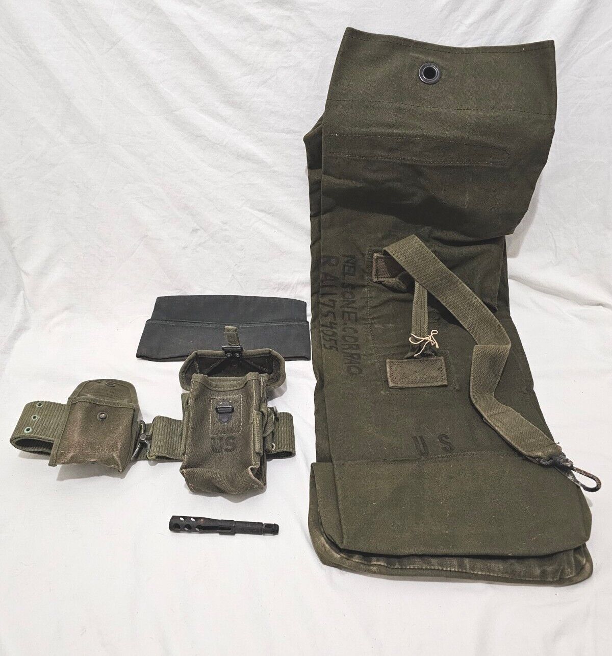 Vietnam Era US Army LBE Belt W/ Ammo Pouch & 1st Aid Duffle Bag Garrison Cap +