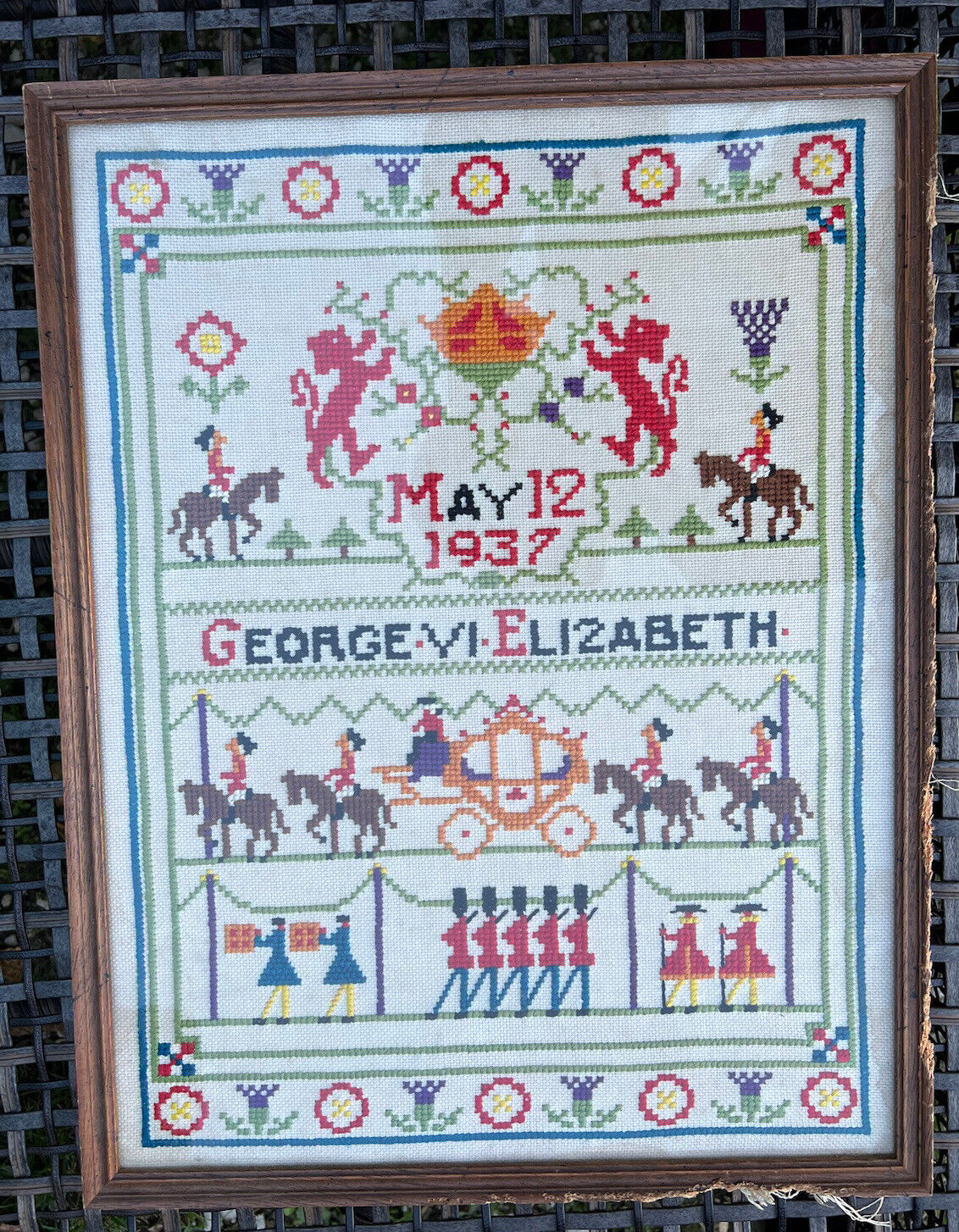 Pre WW2 England 1937 Coronation George VI Elisabeth Framed Sampler 17\
