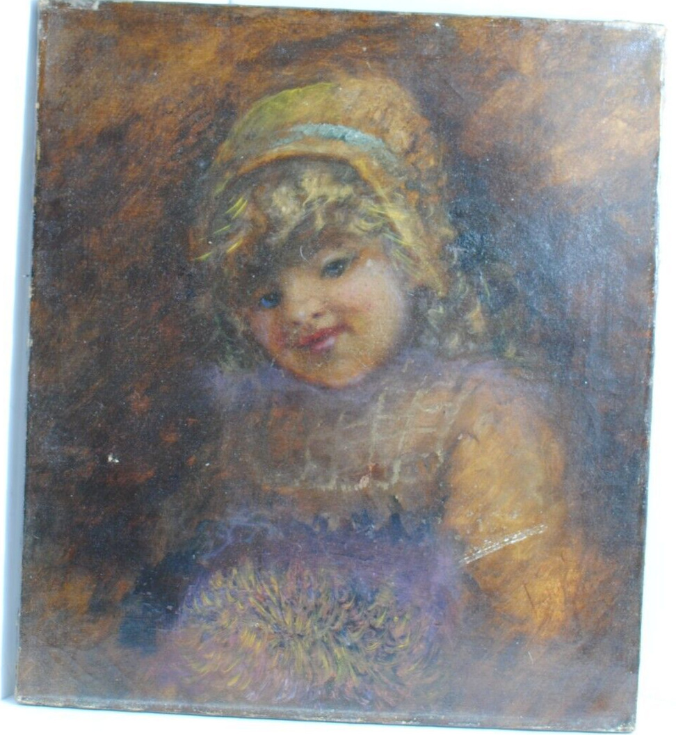Antique Original 19th Century DARK Oil on Canvas Painting of Young Girl
