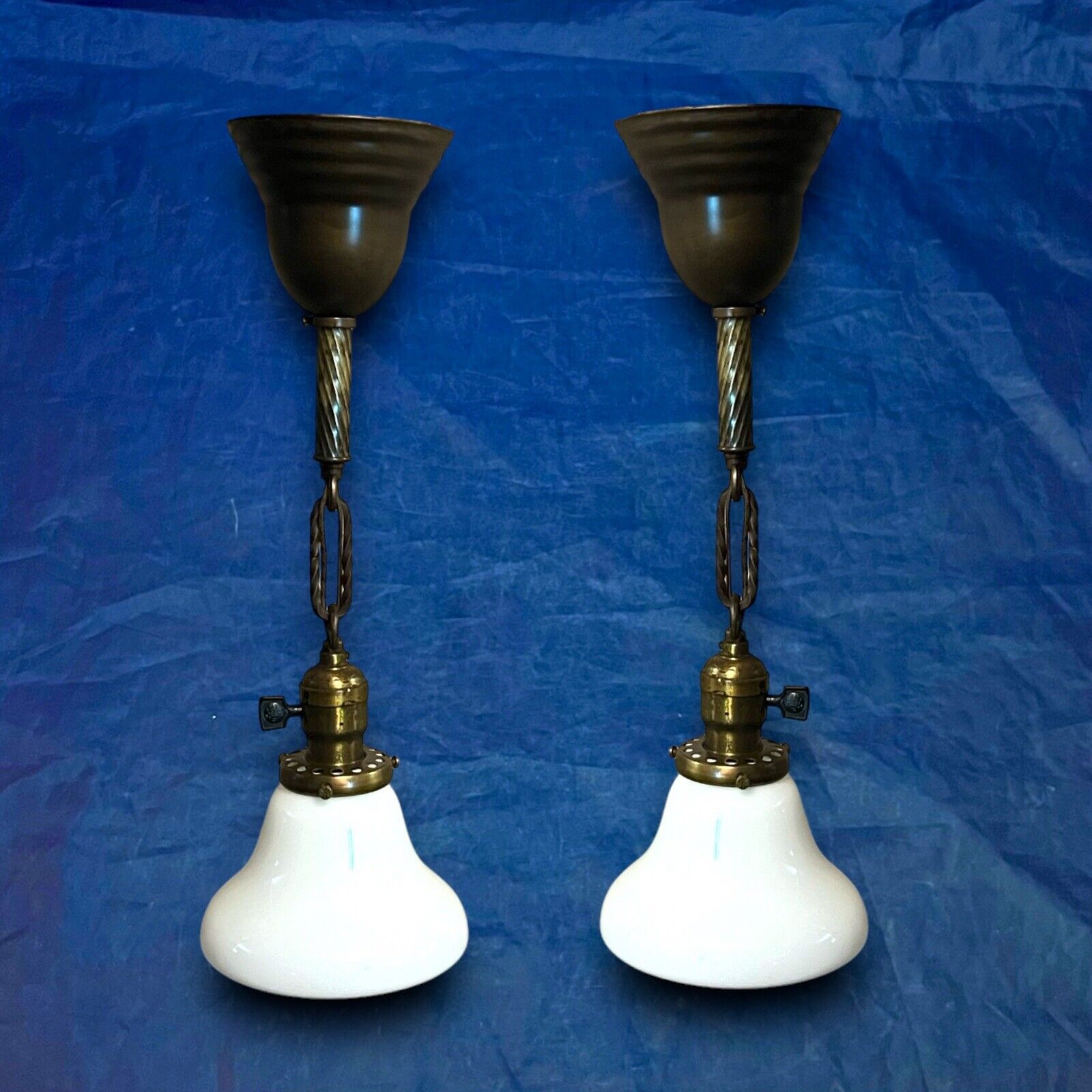 Pair Brass Pendant Light Fixtures White Globes Wow 12K
