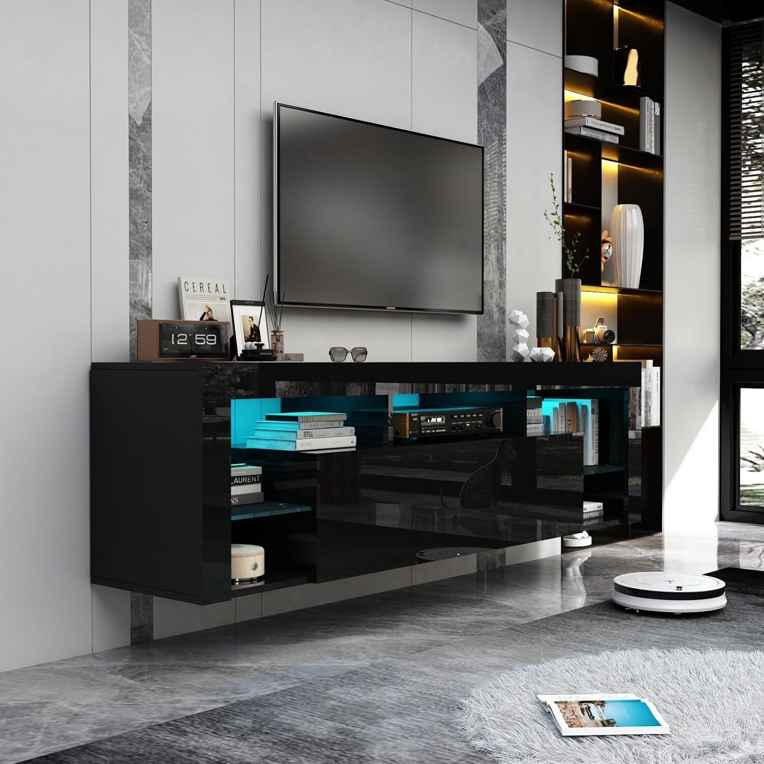 Floating TV Stand Wall Mounted, High Gloss LED Entertainment Center  for 65\