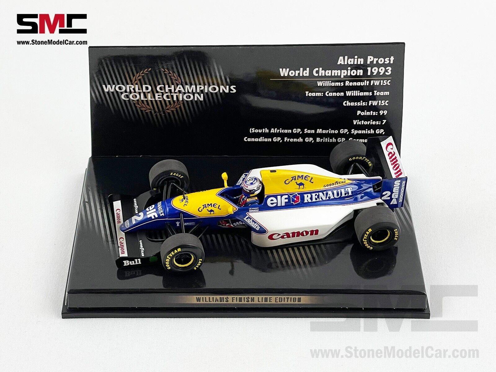 Williams F1 FW15C #2 Alain Prost 1993 World Champion 1:43 MINICHAMPS with CAMEL