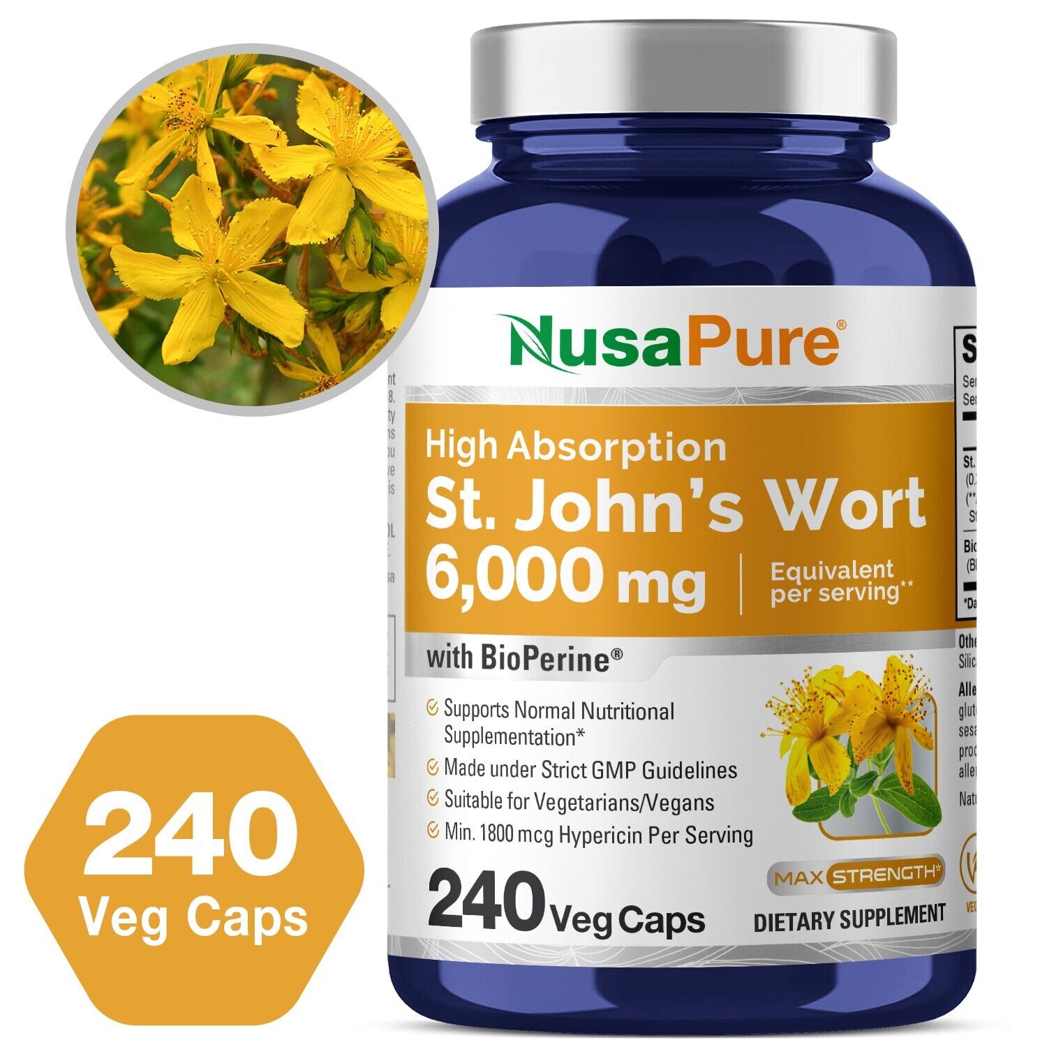 NusaPure St. John's Wort 6,000mg 240 Veggie Capsules (Non-GMO)