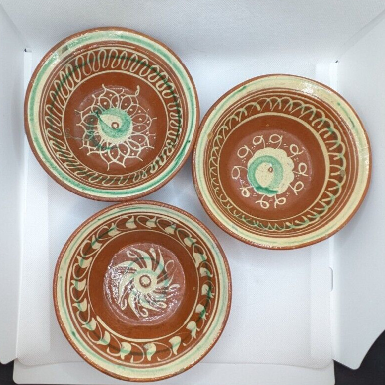 Set of 3 Antique Tlaquepaque Jaliska Red Clay Bowls Folk Art Swirl Design