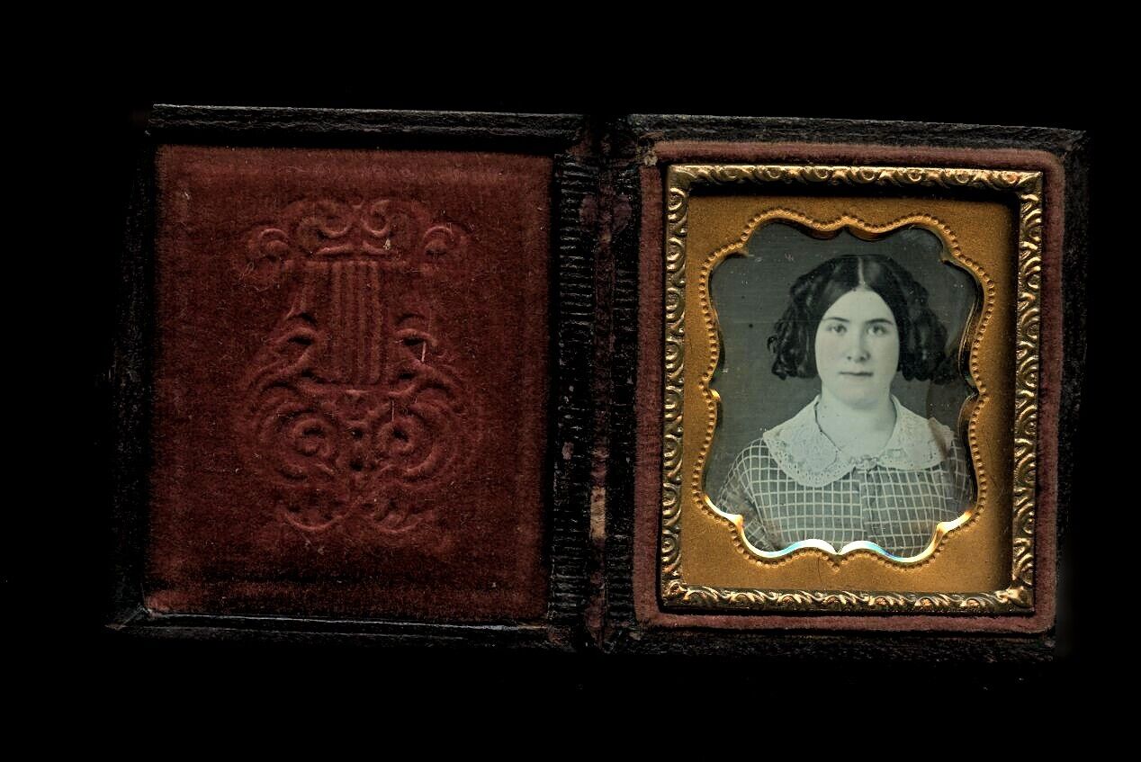 1/16 Miniature Daguerreotype GIrl / Woman with Curls in Hair 1850s Photo