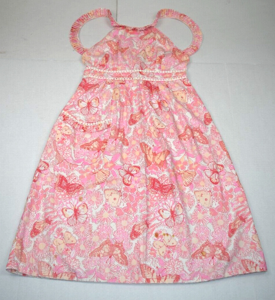 Lilly Pulitzer Dress VTG 60s 70s Pink Pleated Straps Butterflies and Pocket XS/S