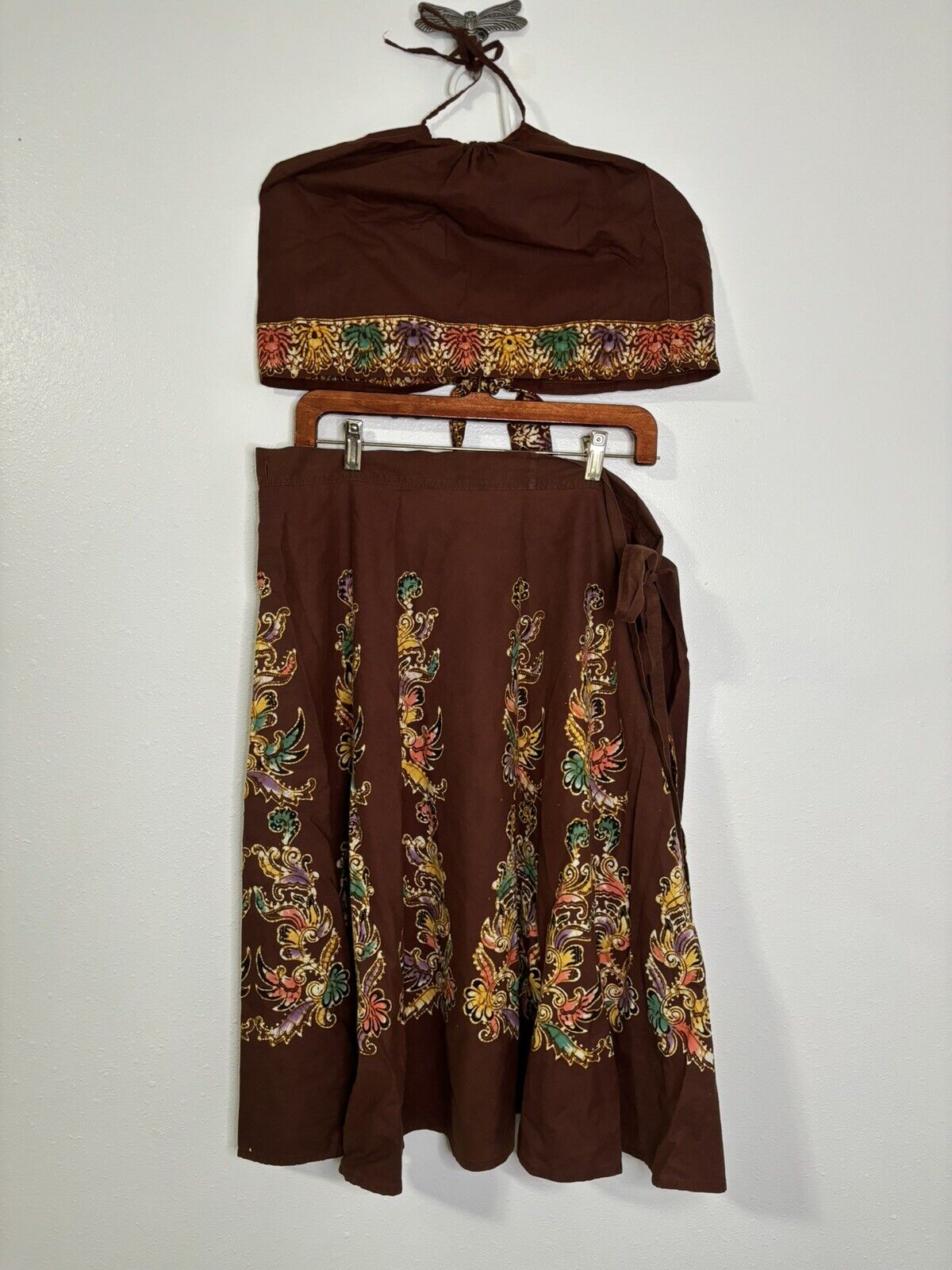Vintage 1970’s Wrap Skirt & Halter Top Set Size S-L Brown Boho Batik