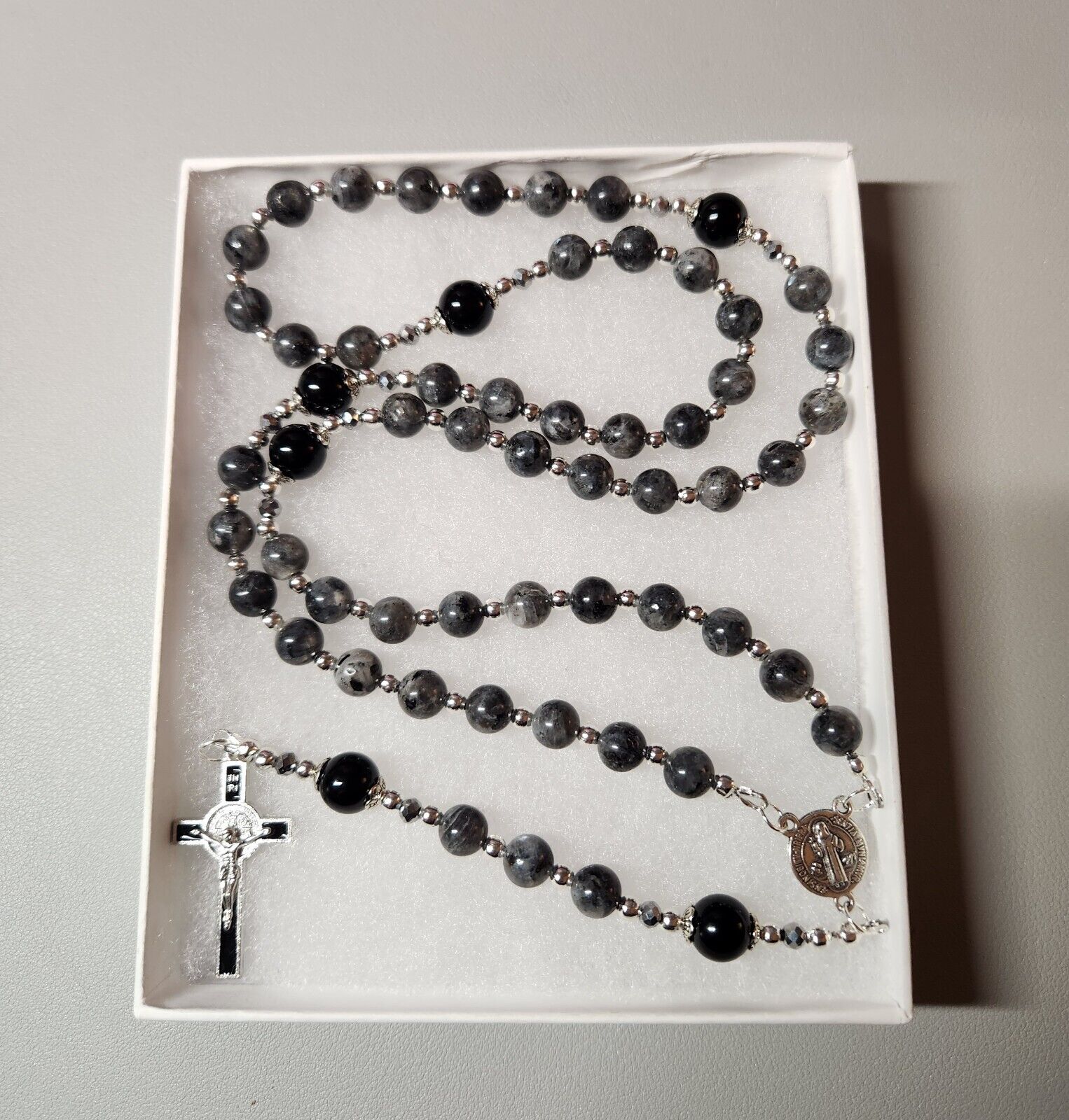 Large One Of A Kind Hand Crafted Rosary Made With Larkivite Labradorite And Onyx