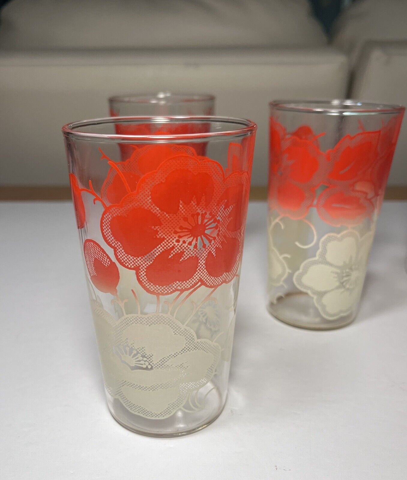 5 Anchor Hocking 1950s Glass Tumblers, Festive Red Over White Hibiscus Pattern