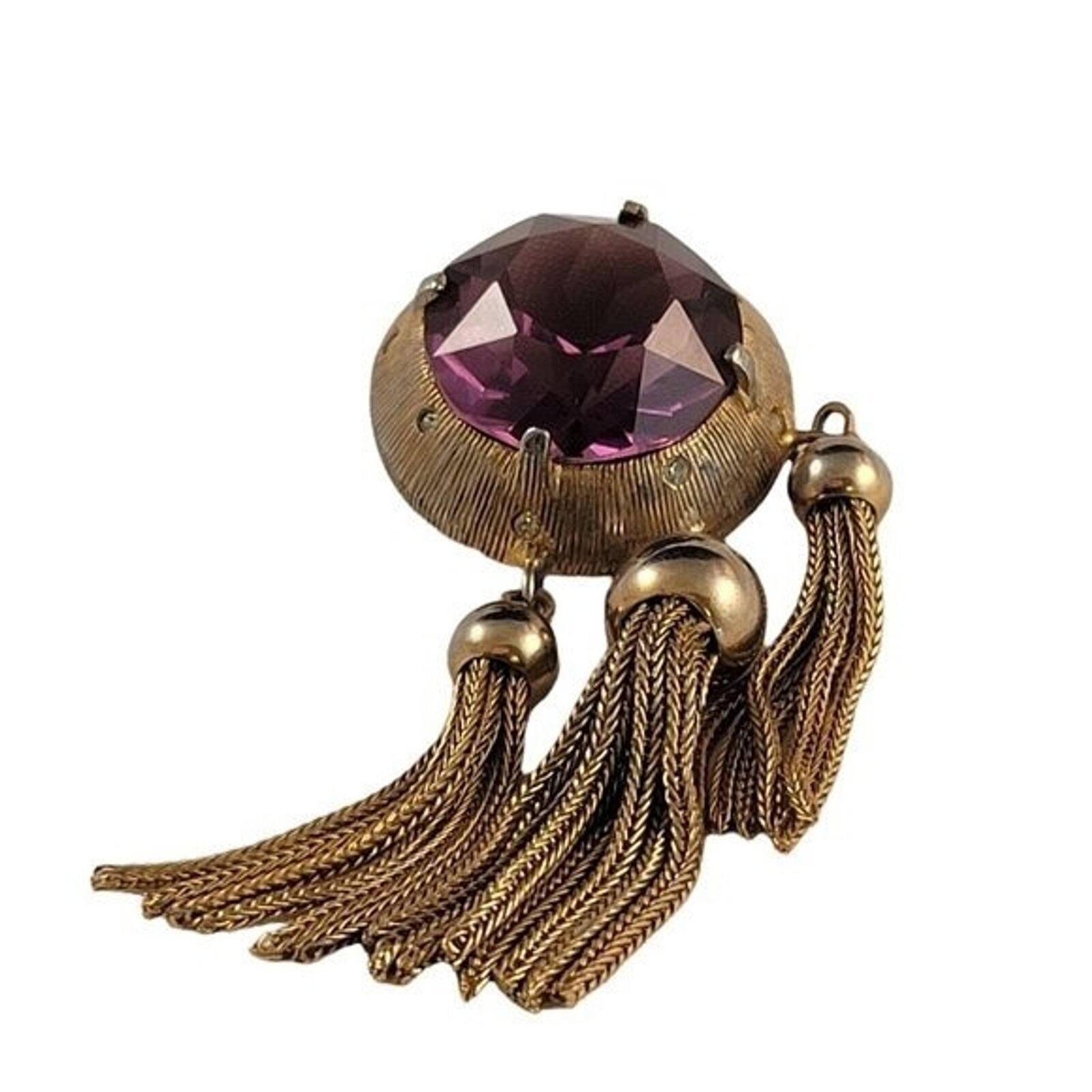 Vintage Antique Goldtone Purple Glass Brooch with Tassles