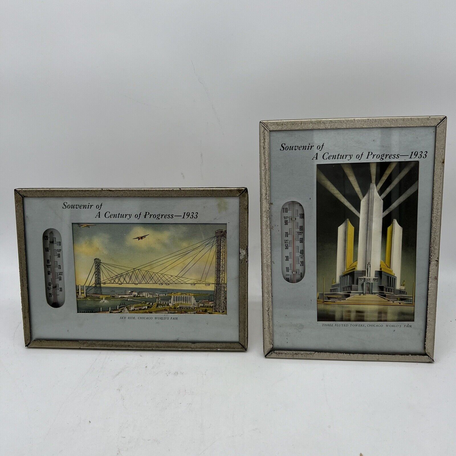 1933 CHICAGO WORLD FAIR,SKY RIDE, And Three Towers SOUVENIRS in METAL FRAMES.
