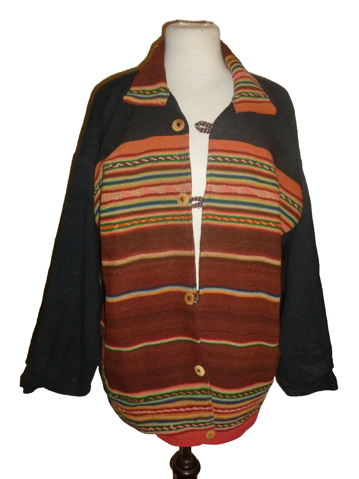 Vintage Genuine Serape Blanket Insert Front Wool Blend Jacket Coat Women Large L