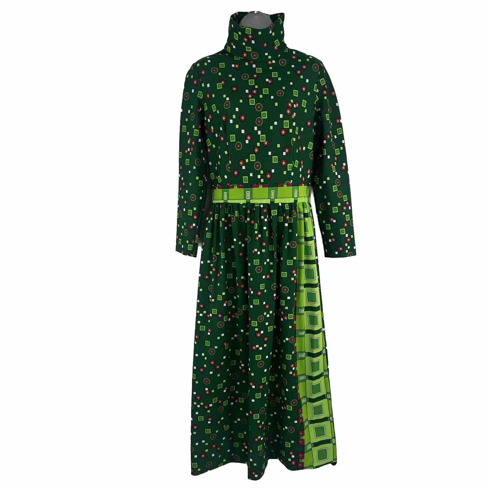 Vintage Women’s Sz 14 100 Parkhouse Maxi Dress Green Geometric 1970s 