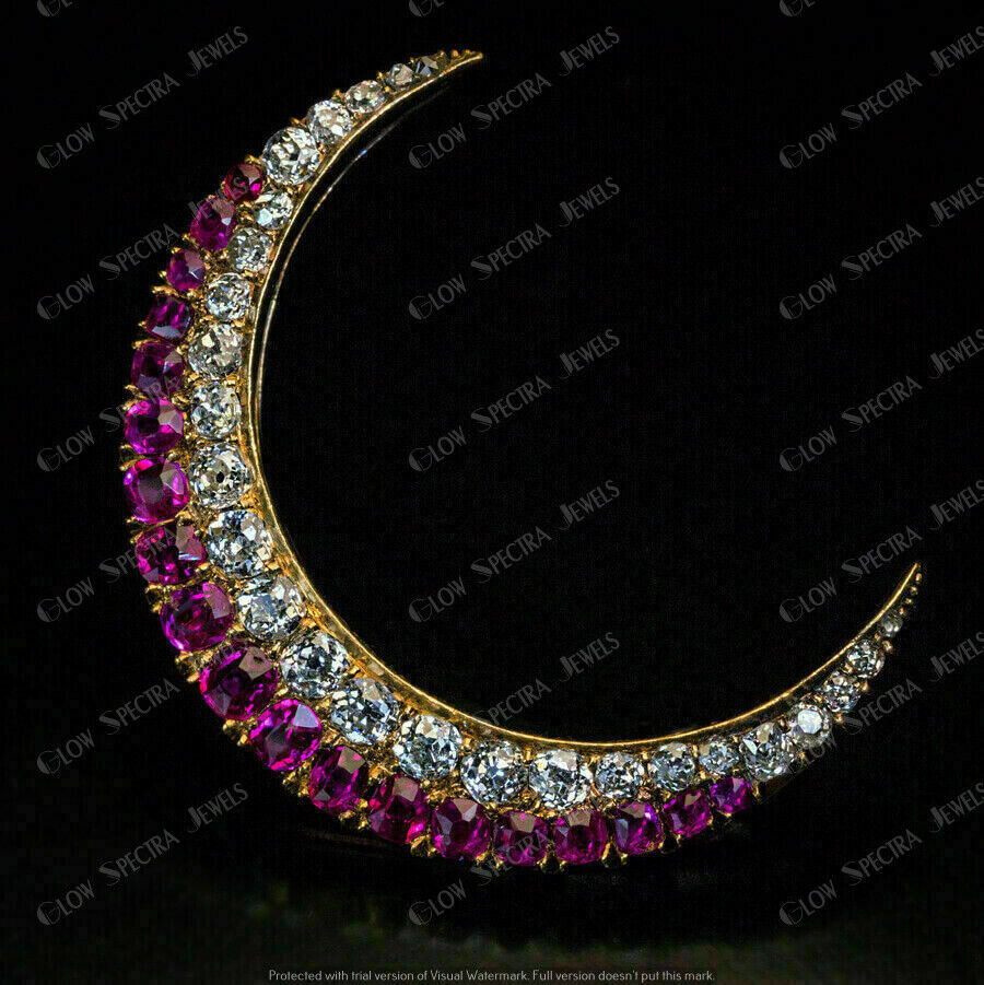 Antique 1.50Ct Round Ruby &Diamond Crescent Moon Brooch Pin 14k Yellow Gold Over