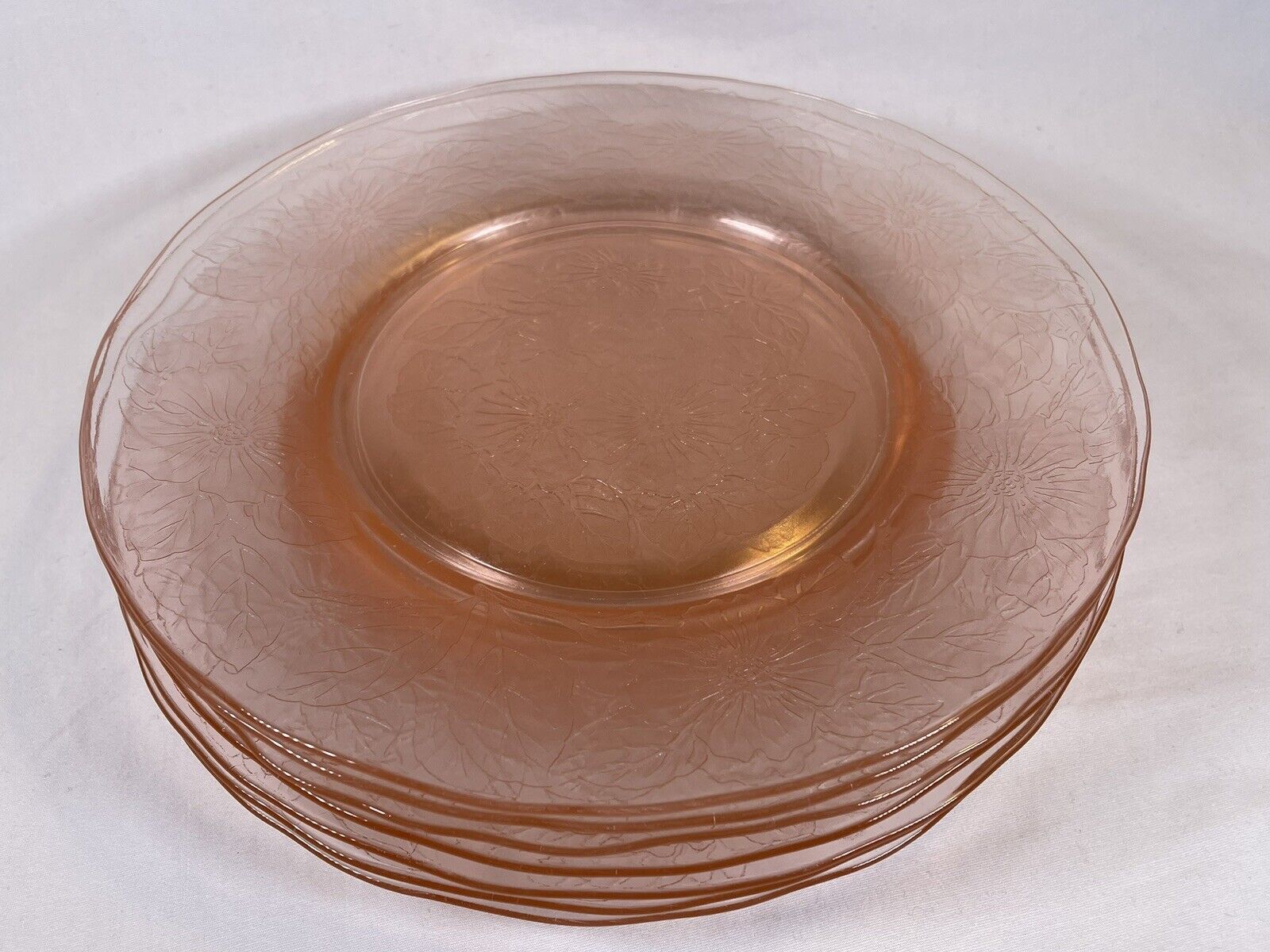 Set of 7 Vintage Macbeth Evans Pink Depression Glass DOGWOOD 8” Luncheon Plates