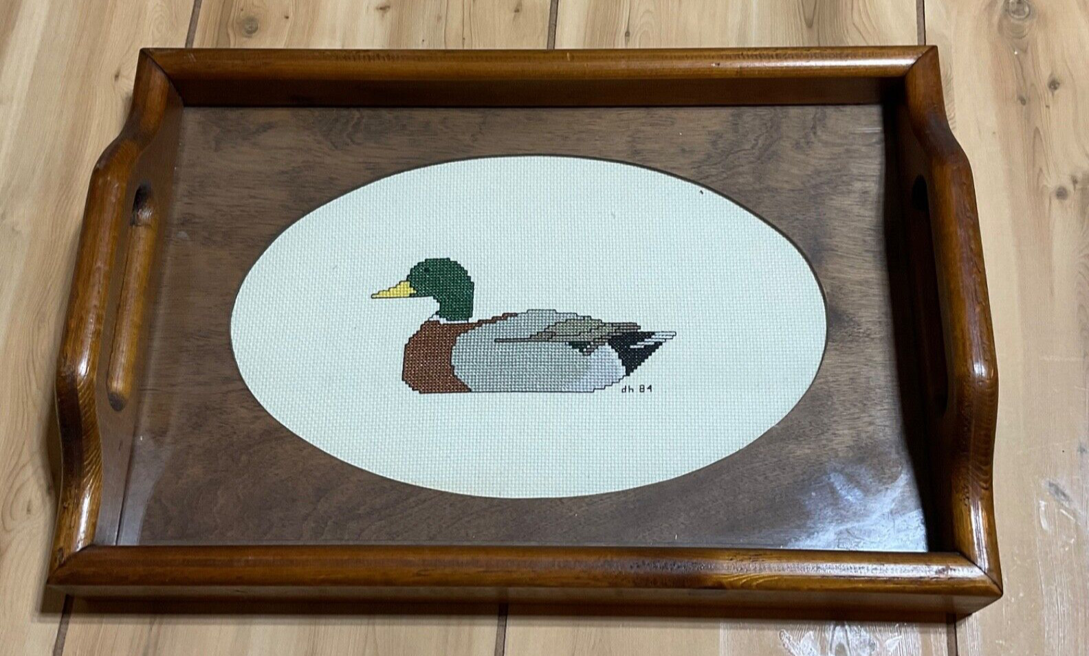 Vintage Wooden Tray Glass Top Cross Stitch Ribbon Mallard Duck 1984 16x11