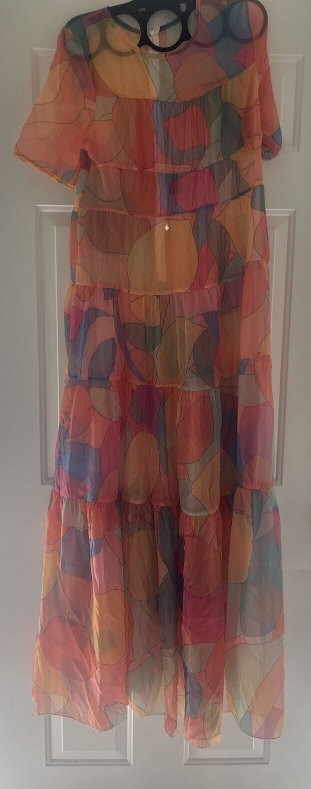 VTG 60s Sheer Psychedelic Print Maxi Dress Sz S 1960s Gown Hostess Party Ruffled