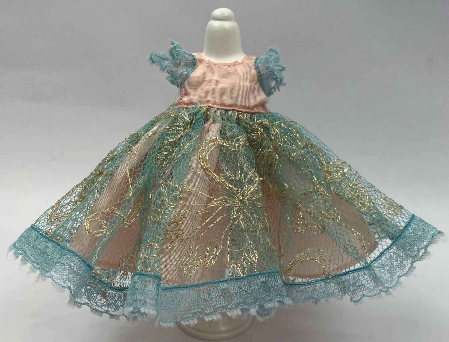 Vintage Muffie Doll Dress Pink Blue Gold Embroidered Lace Nancy Ann