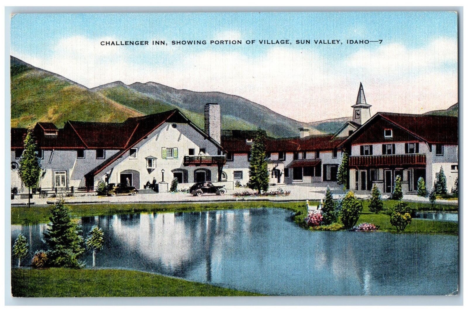 Sun Valley Idaho ID Postcard Challenger Inn Showing Portion Lake c1940s Vintage