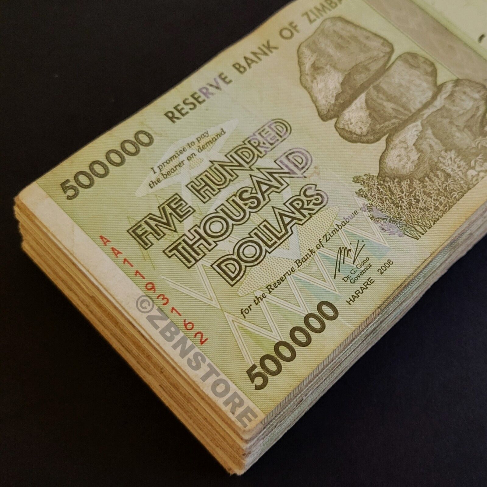 100 x 500,000 Dollars Zimbabwe Banknotes, 2008, Bundle, 100PCS, Authentic w/ COA