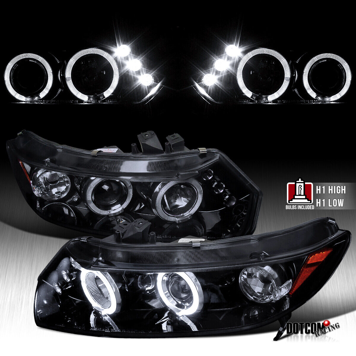 Fit 2006-2011 Honda Civic 2Dr LED Halo Black Smoke Projector Headlights Lamps