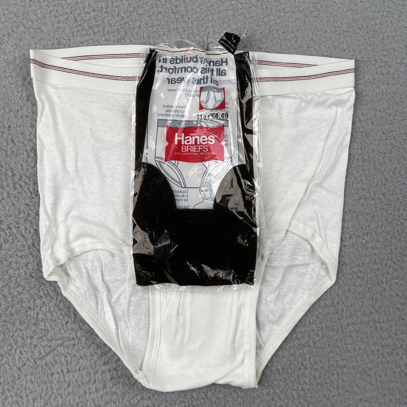 Vintage Hanes Underwear Mens White Brief 36 Made in USA 70s Red Black Cotton NEW