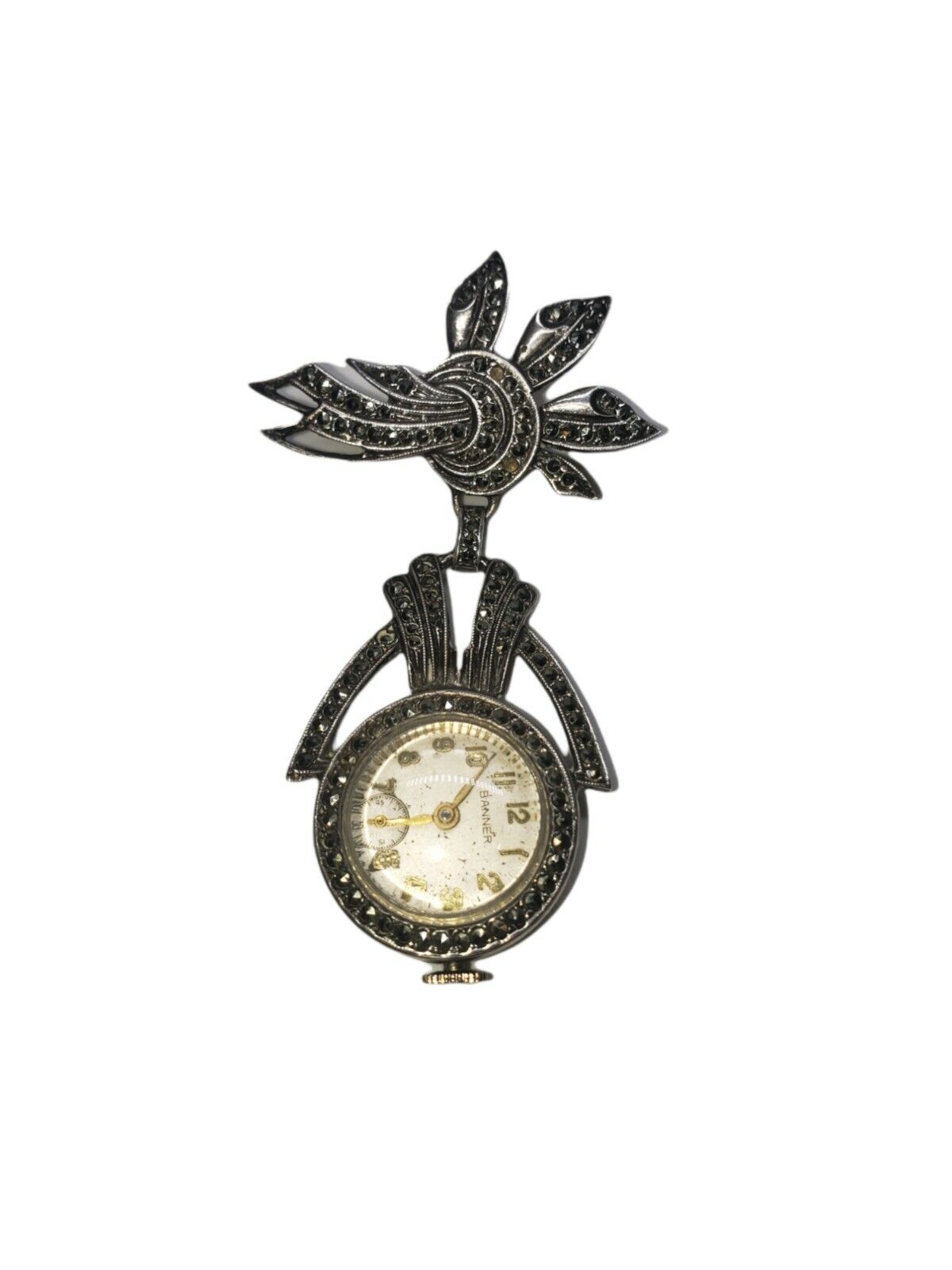Vintage Barner Sterling Silver Ladies Watch  Marcasite Bow Brooch 
