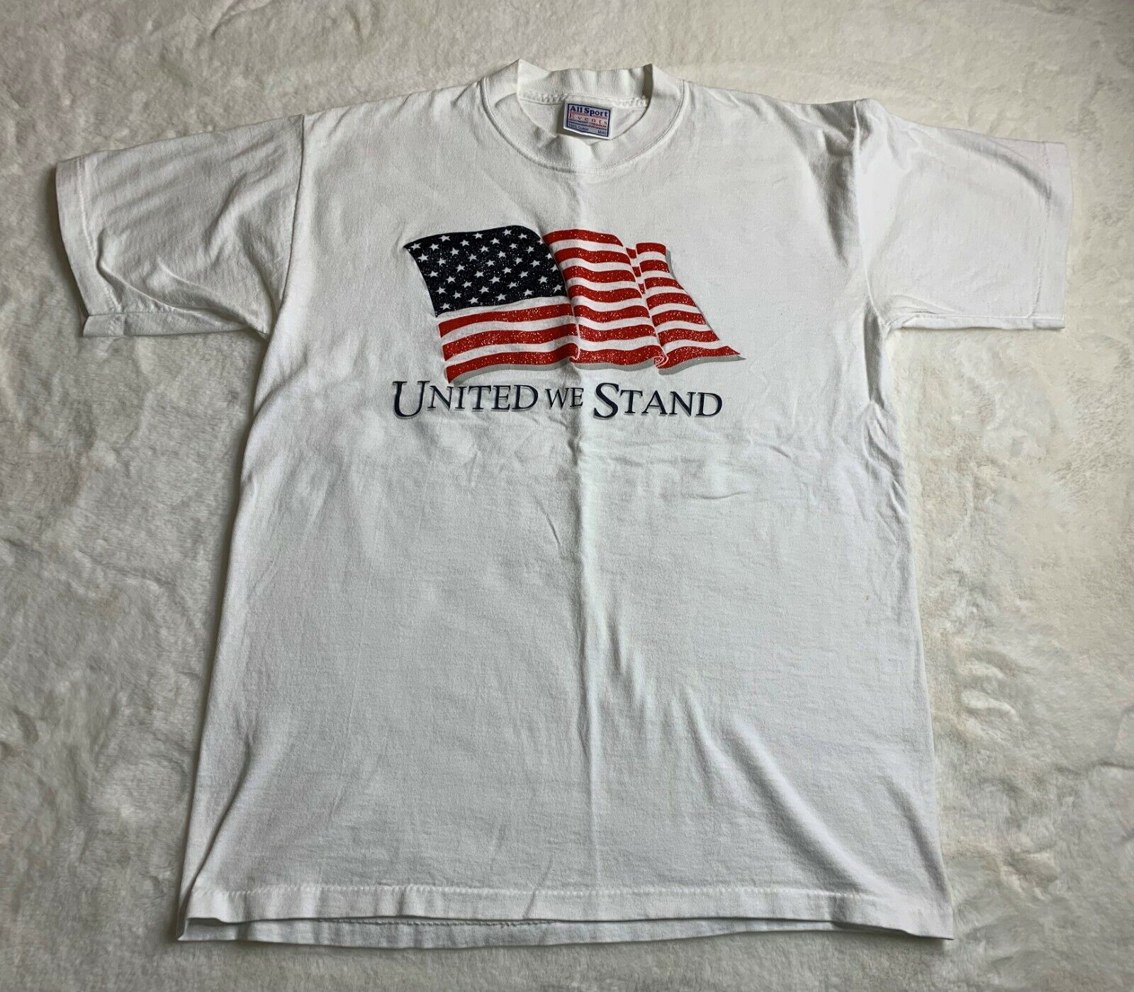 Vintage All Sport United We Stand White T Shirt Glittered Textured Single Stitch