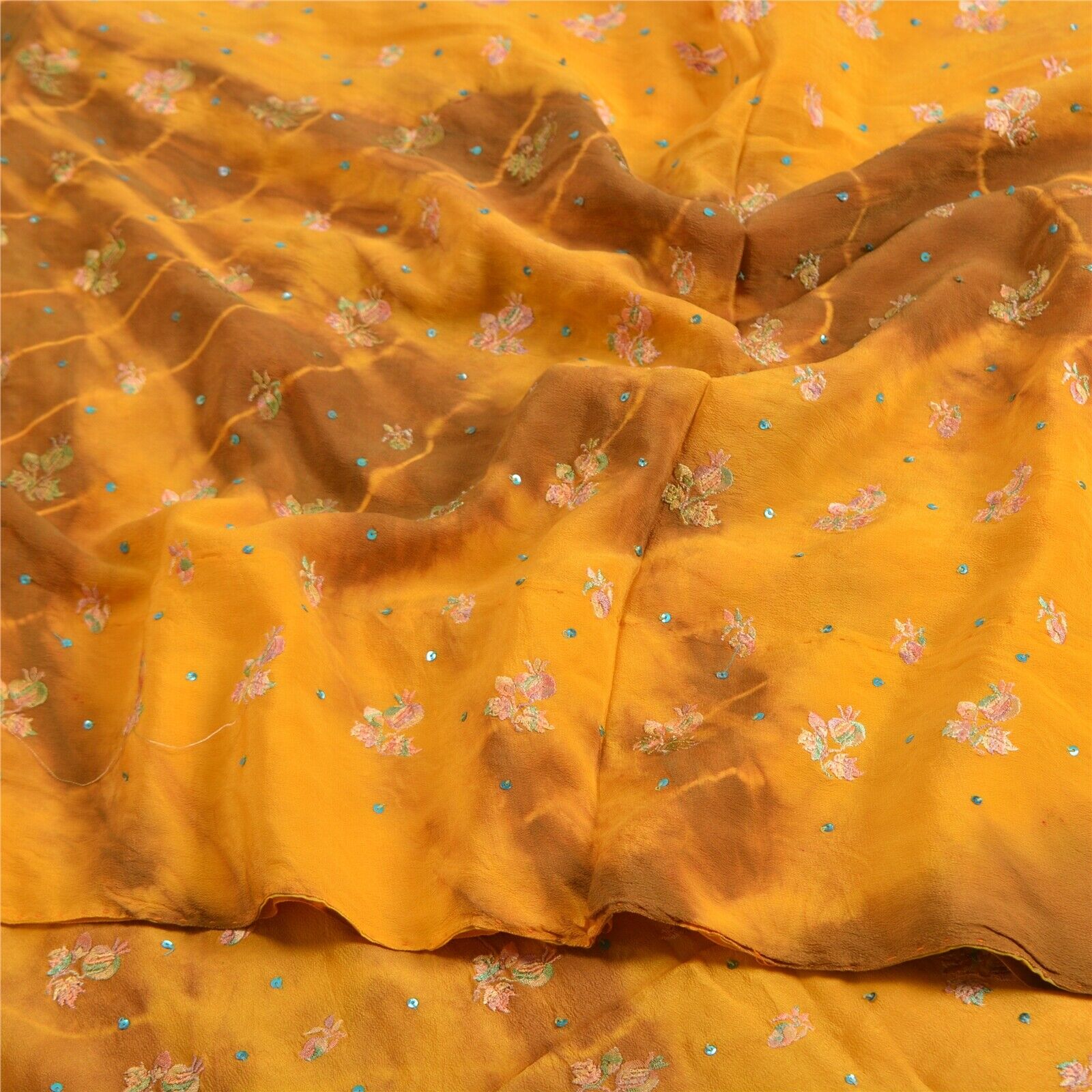 Sanskriti Vintage Sarees Mustard Tiedye Hand Beaded Pure Crepe Sari Craft Fabric