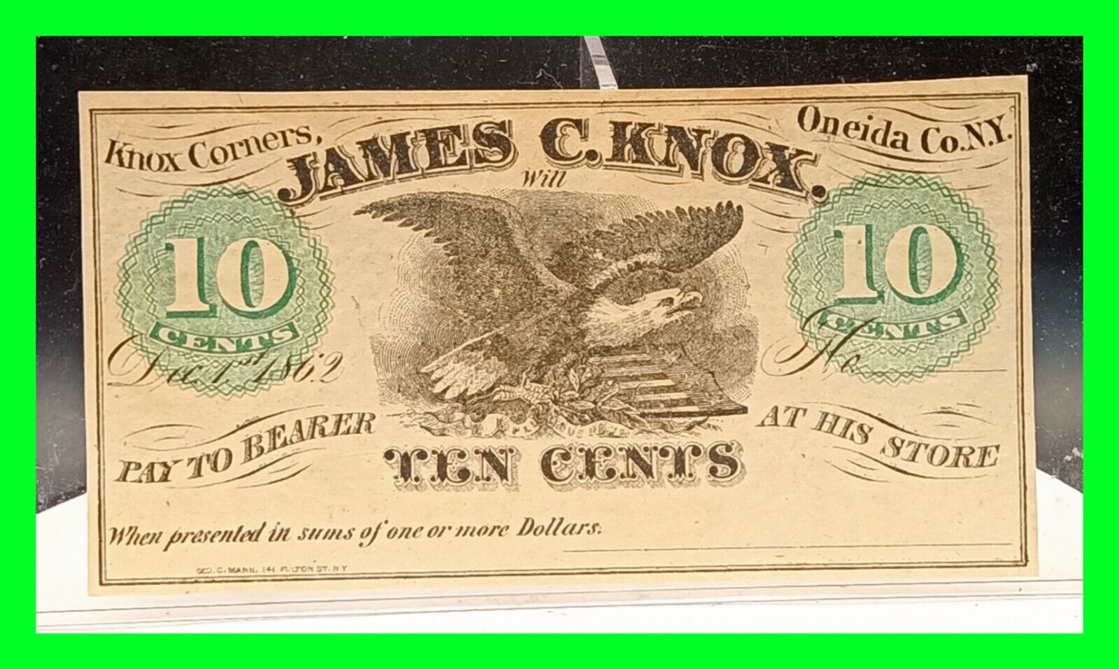 Rare 1862 James C. Knox., Knox Corners, Oneida New York 10c Note - High Grade