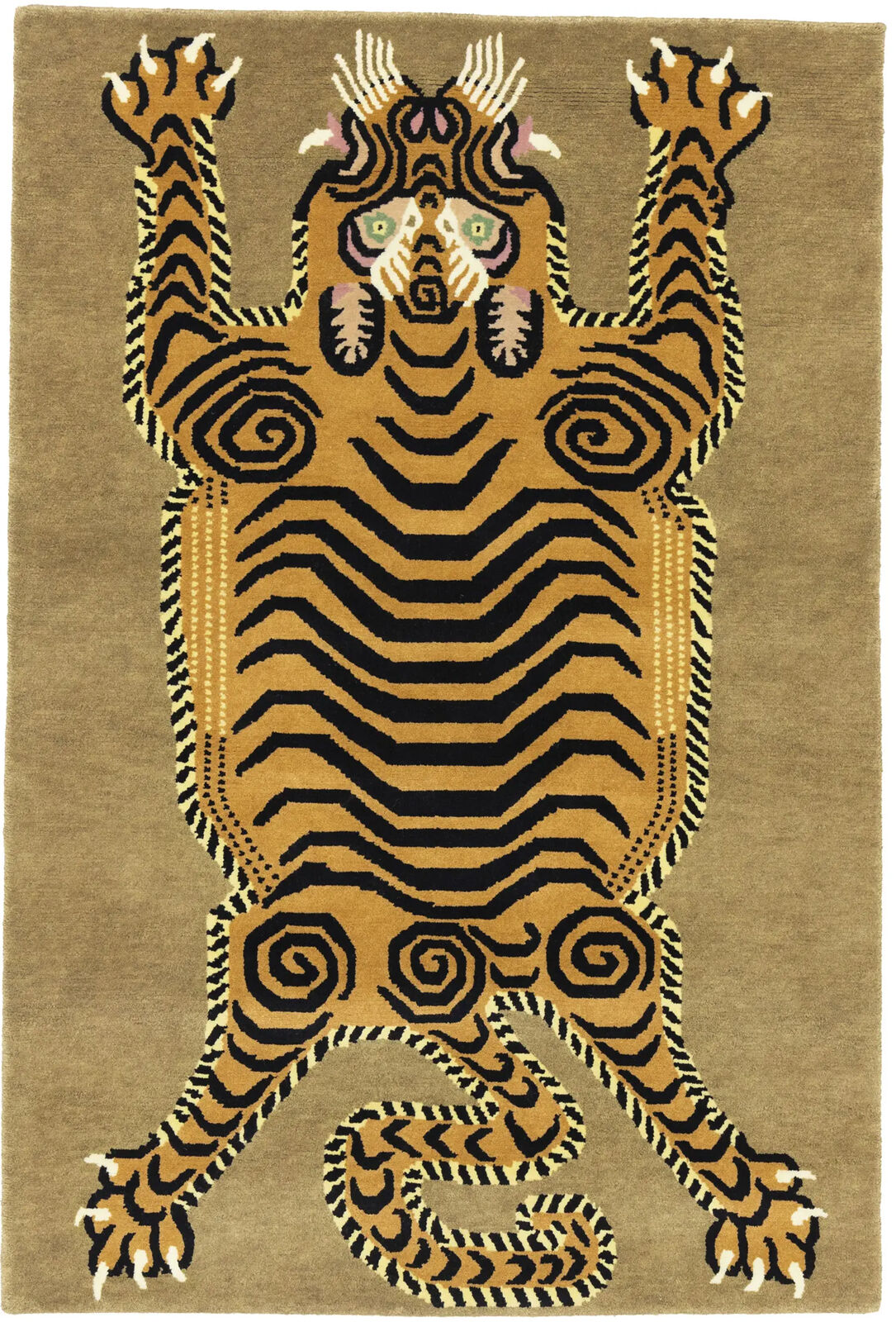 Khaki Tribal Pictorial Tiger 4X6 Fine Nepali Oriental Rug Handmade Plush Carpet