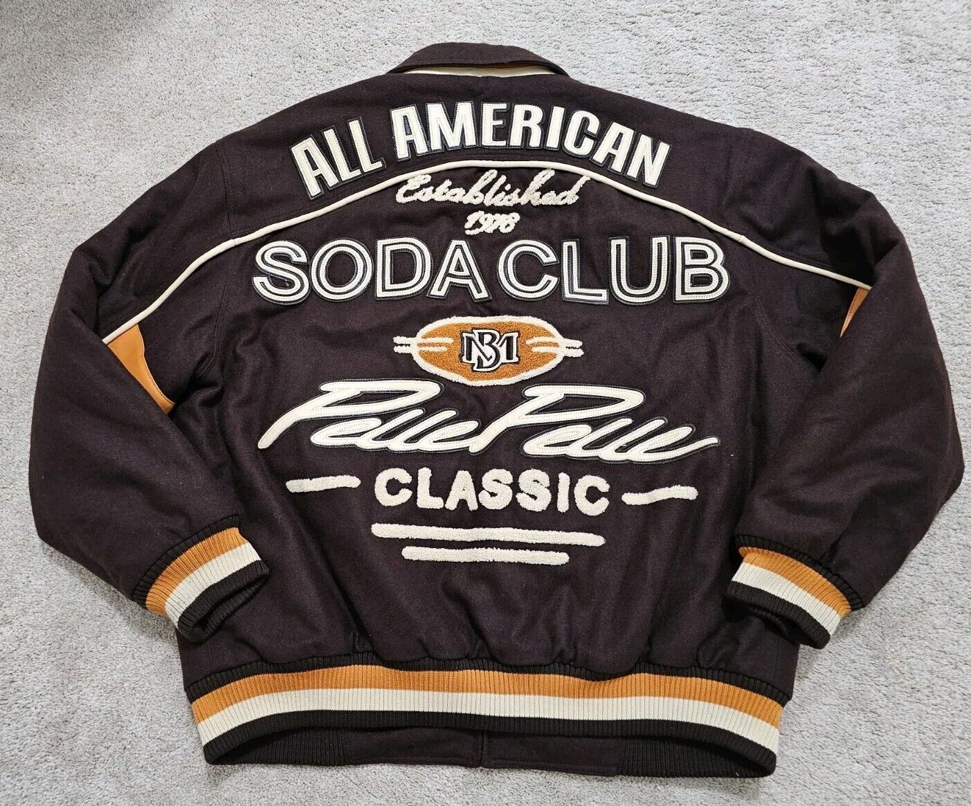 Vtg 90s Pelle Pelle Brown Mens 4XL Soda Club Wool Leather Varsity Jacket Mint 