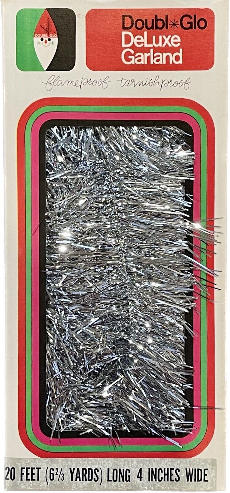 Doubl Glo Christmas Deluxe Garland Silver 20ft Long 4” Wide Vintage New