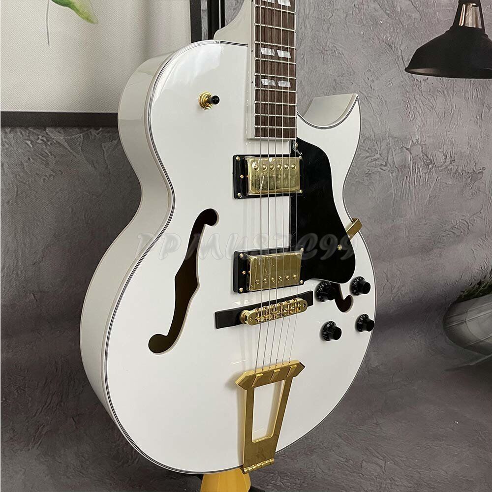 6-String White 175 Electric Guitar Archtop Hollow Body Gold Hardware Jazz Bridge