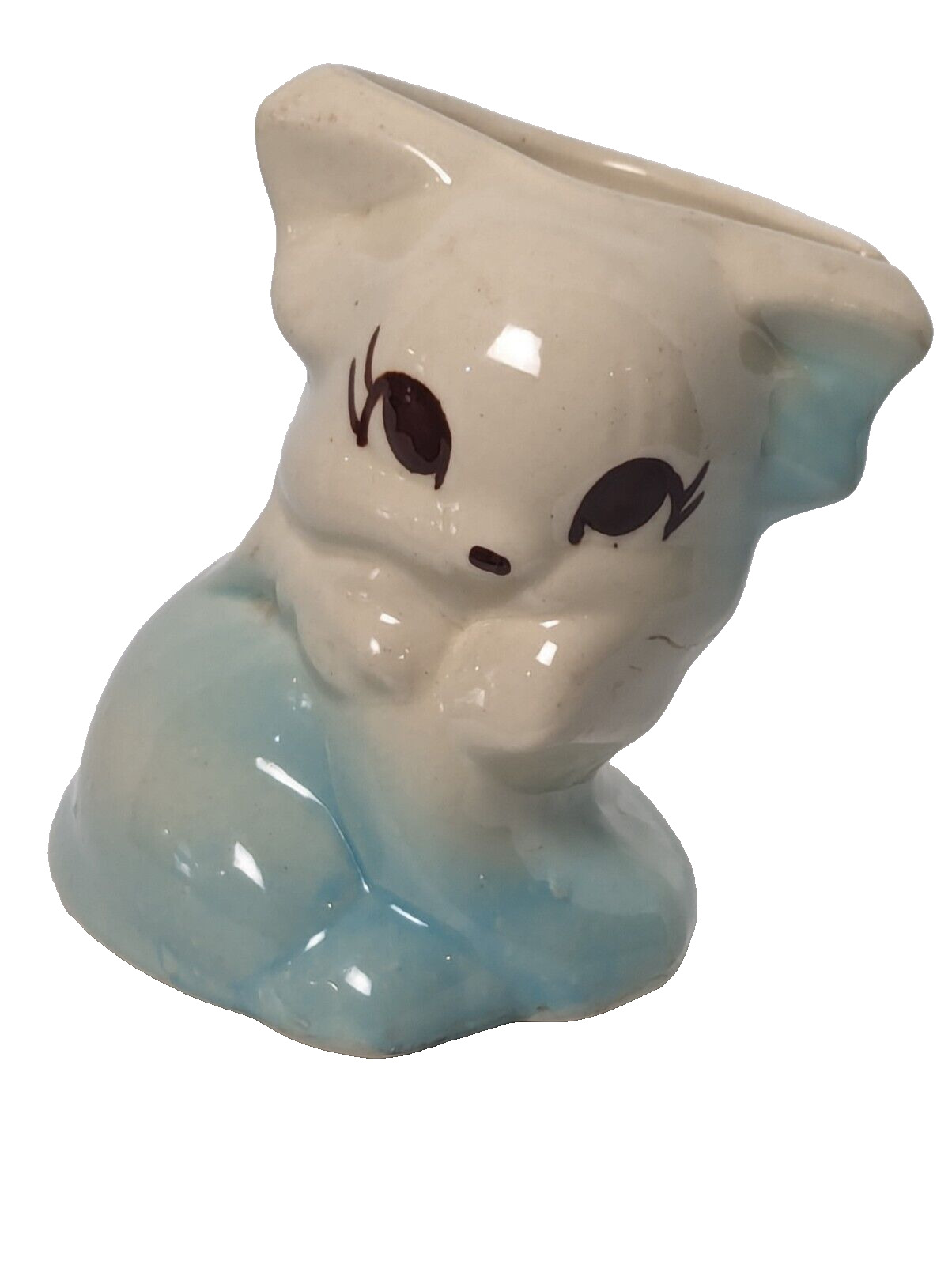 Vintage Cat Planter Unmarked Pottery Handpainted Sitting Kitten White Light Blue
