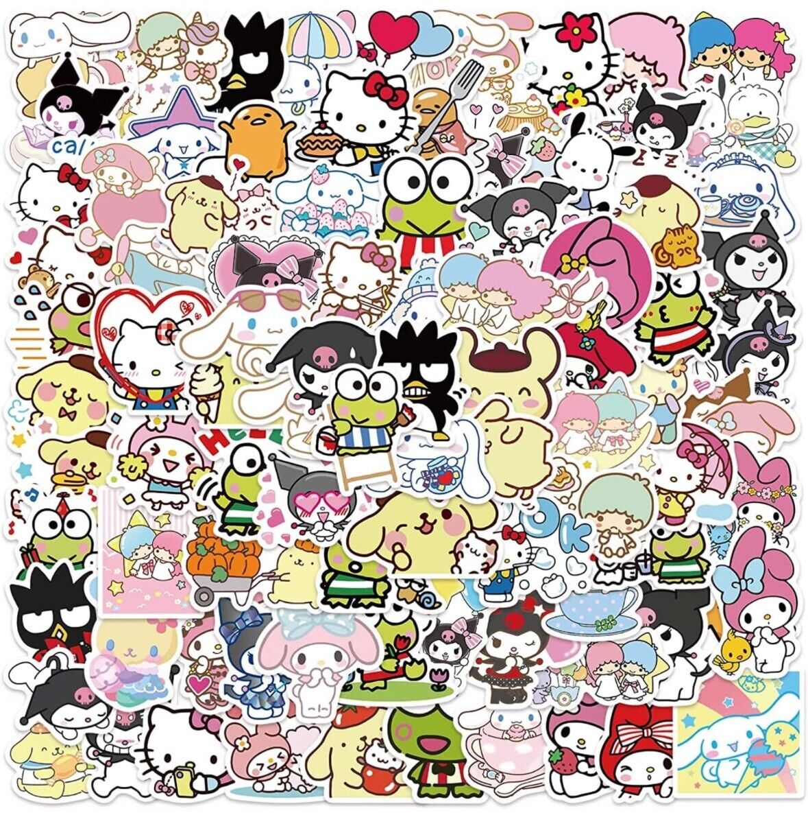 100Pcs Cute Stickers Pack for Kids Kuromi Hello Kitty Stickers Mymelody Cinnamor
