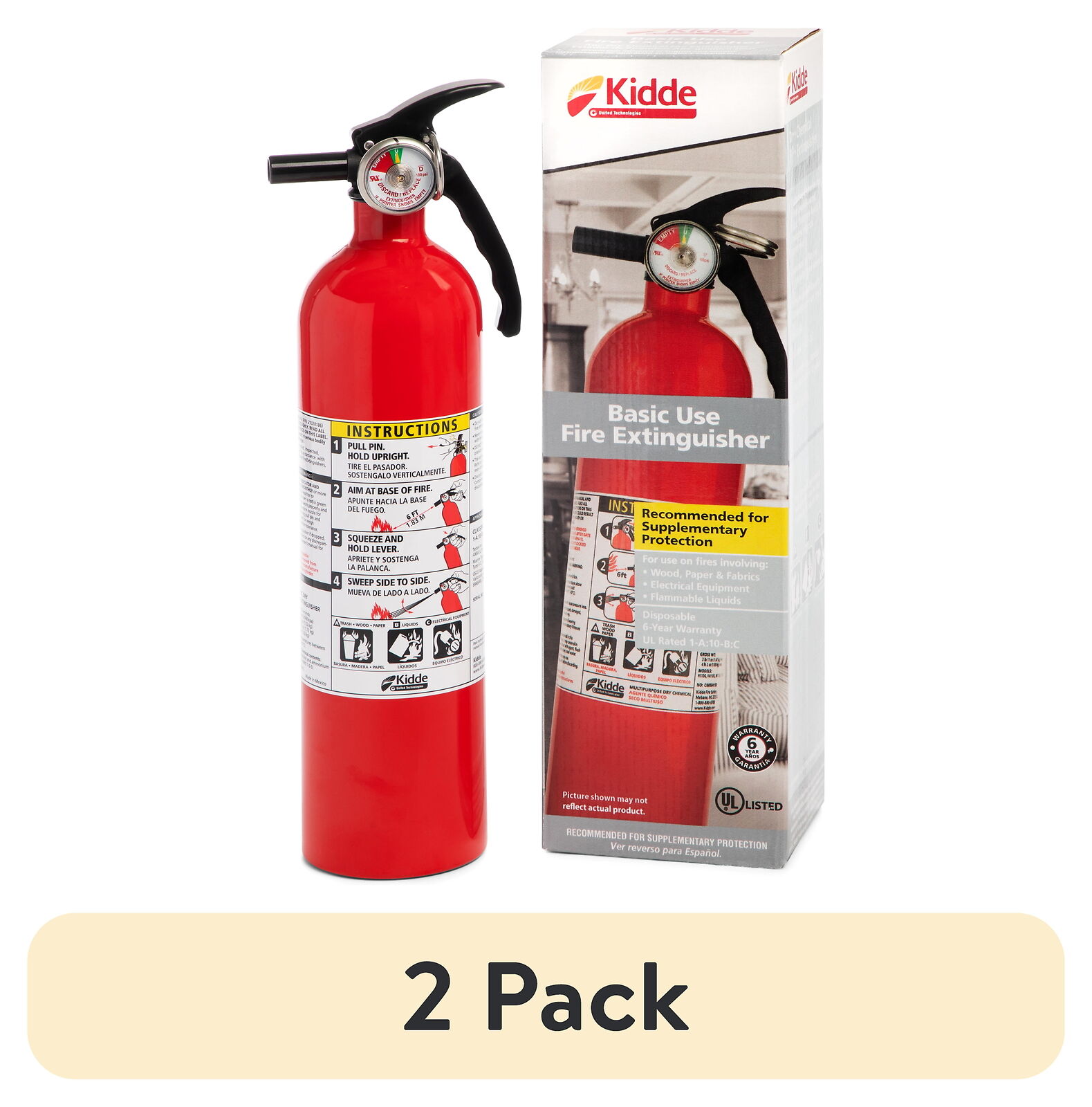 (2 pack) Kidde Multipurpose Home Fire Extinguisher, UL Rated 1-A:10-B:C