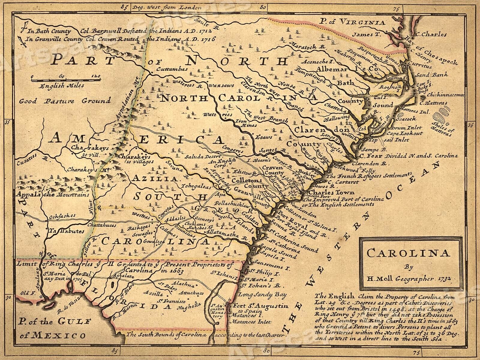 1732 Carolina Historic Old American Map - 20x28