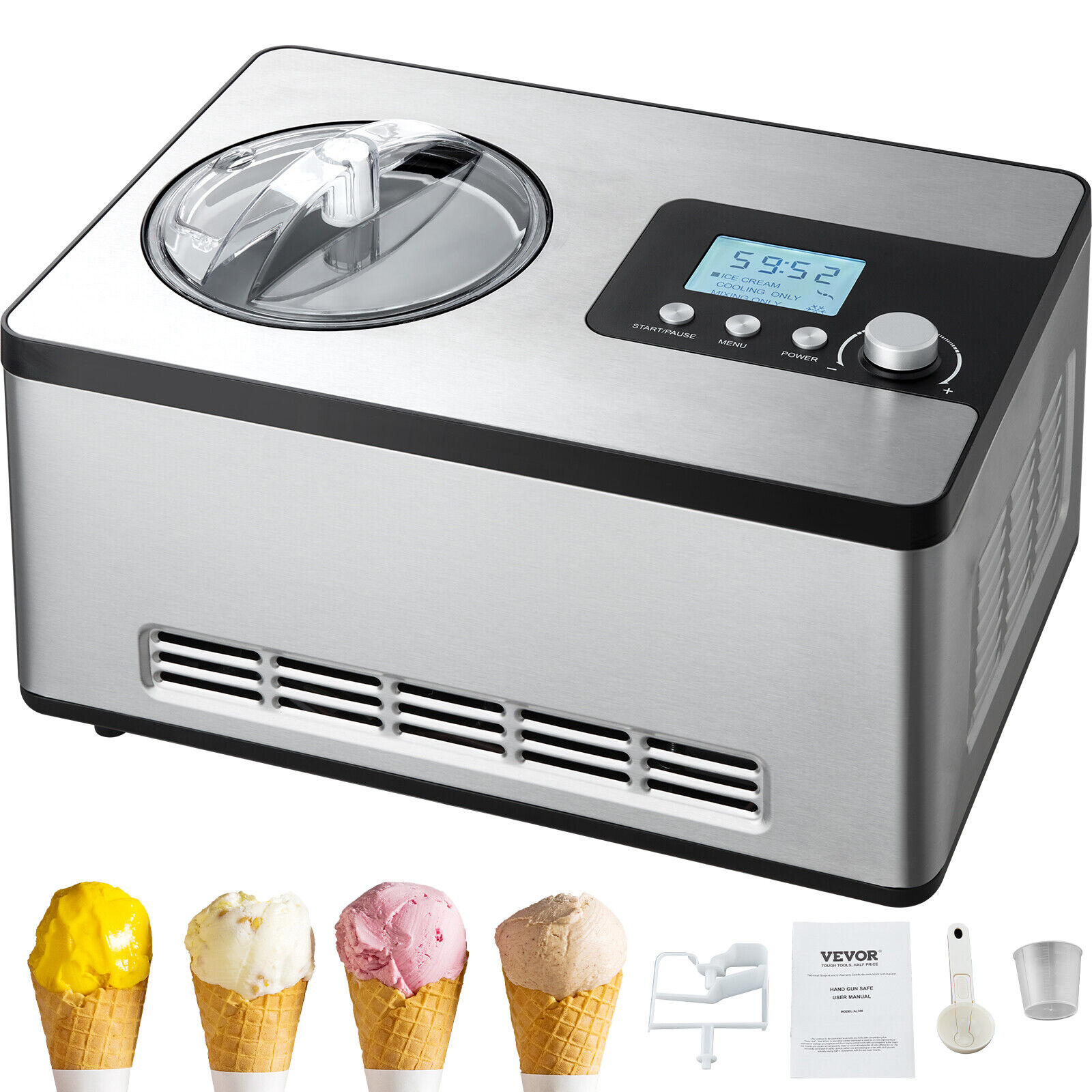 VEVOR 2Qt Automatic Ice Cream Maker Yogurt Gelato Machine LCD Display 3 Modes