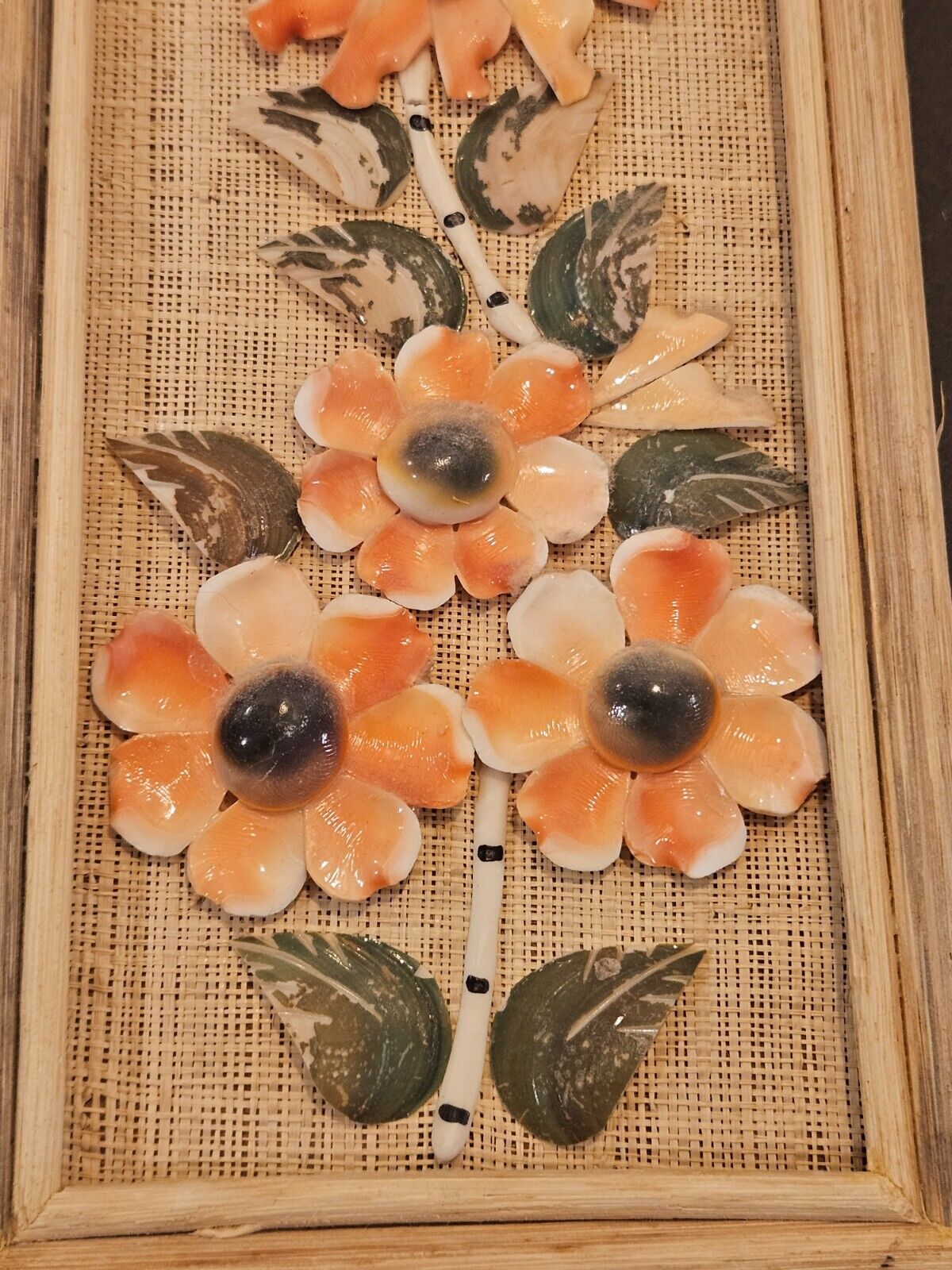 Vintage Seashell Flower 3D Art Collage on Burlap Wood Framed 