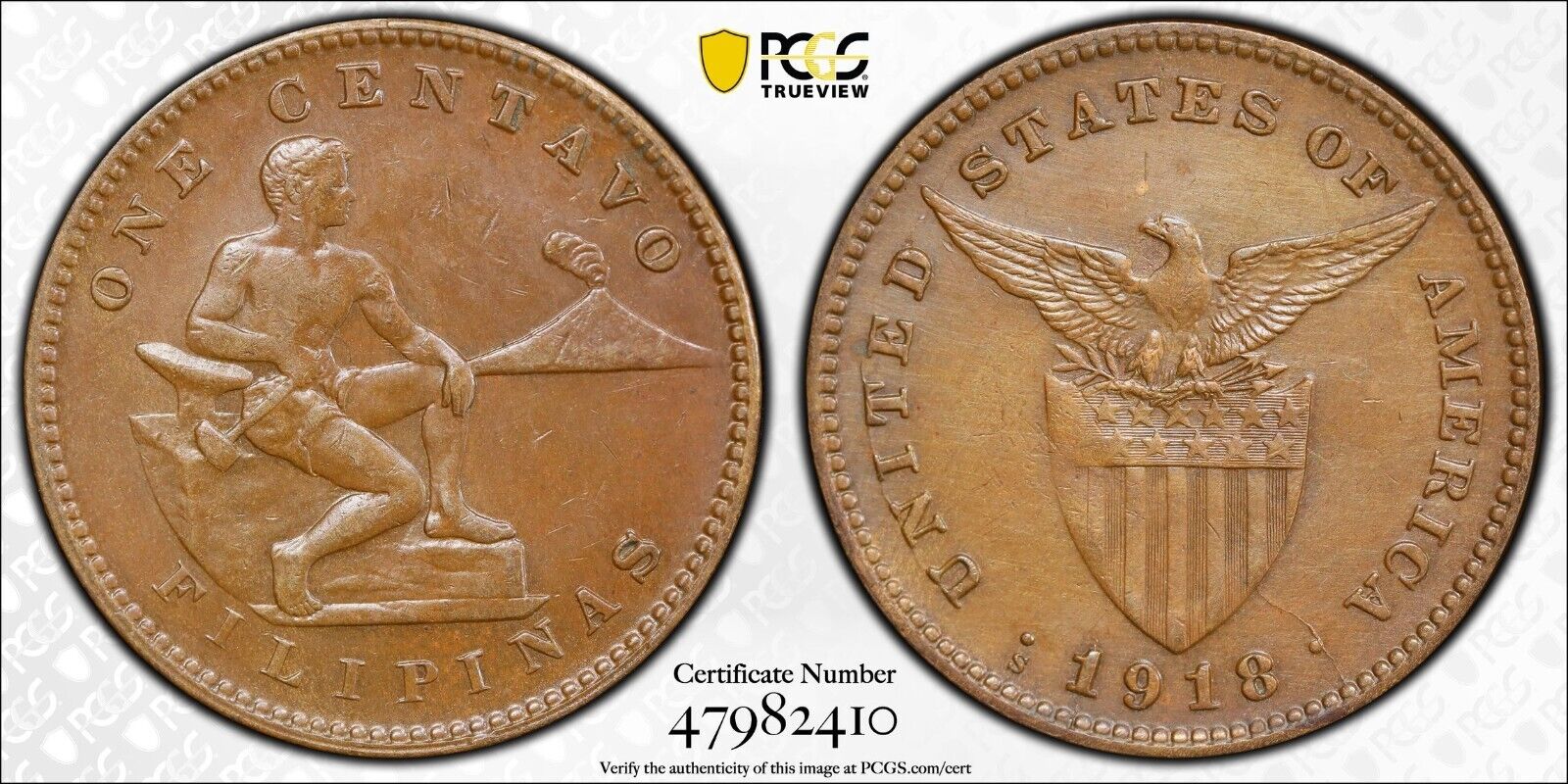 1918-S 1c Centavo PCGS AU58 U.S. Philippines 90078.58/47982410 5/38 Higher